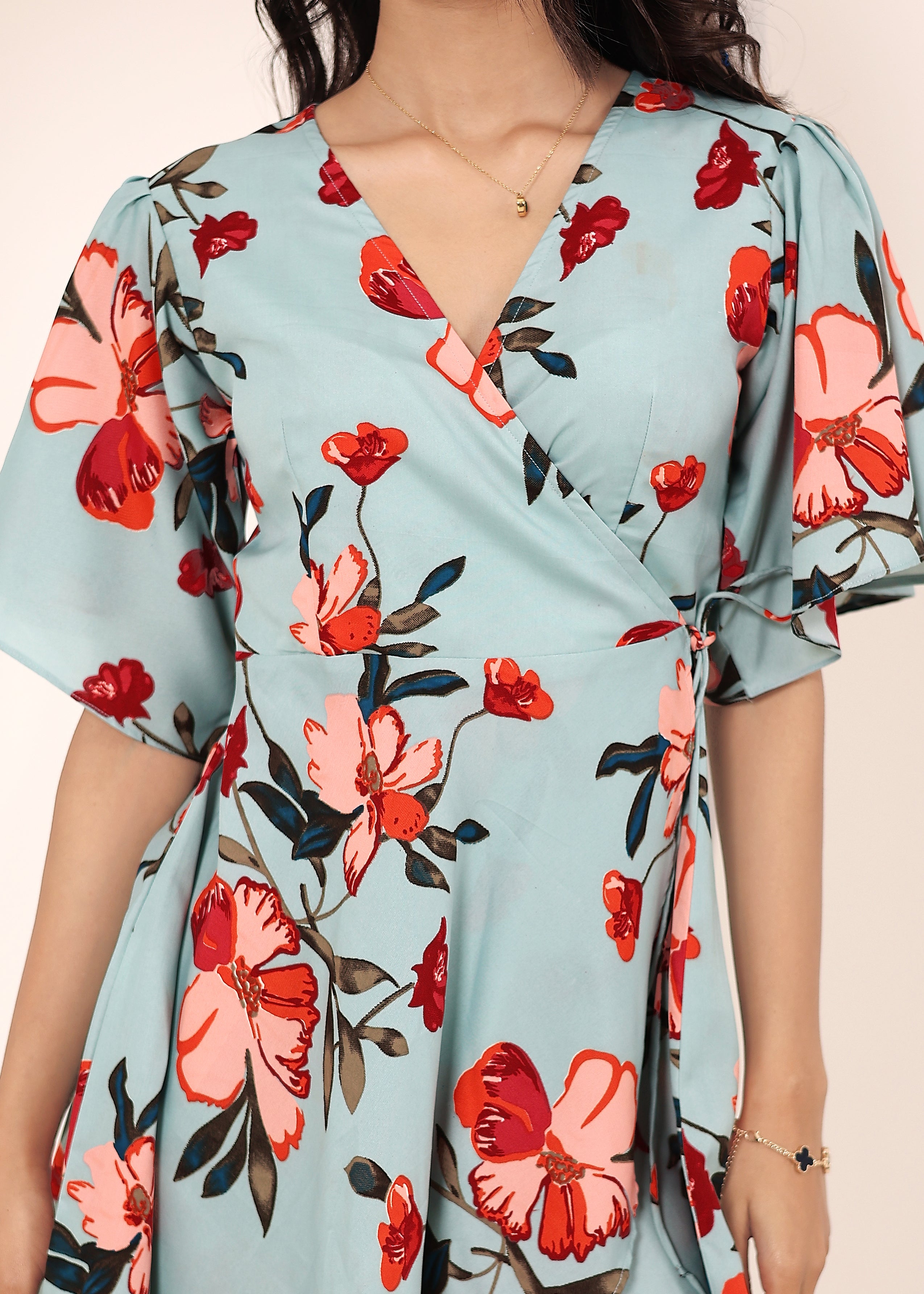 Sky Blue Floral Printed Wrap Mini Dress - Kaoribyshreya