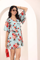 Sky Blue Floral Printed Wrap Mini Dress - Kaoribyshreya