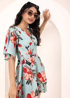 Sky Blue Floral Printed Wrap Mini Dress - Kaoribyshreya