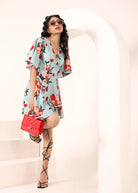 Sky Blue Floral Printed Wrap Mini Dress - Kaoribyshreya
