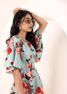 Sky Blue Floral Printed Wrap Mini Dress - Kaoribyshreya
