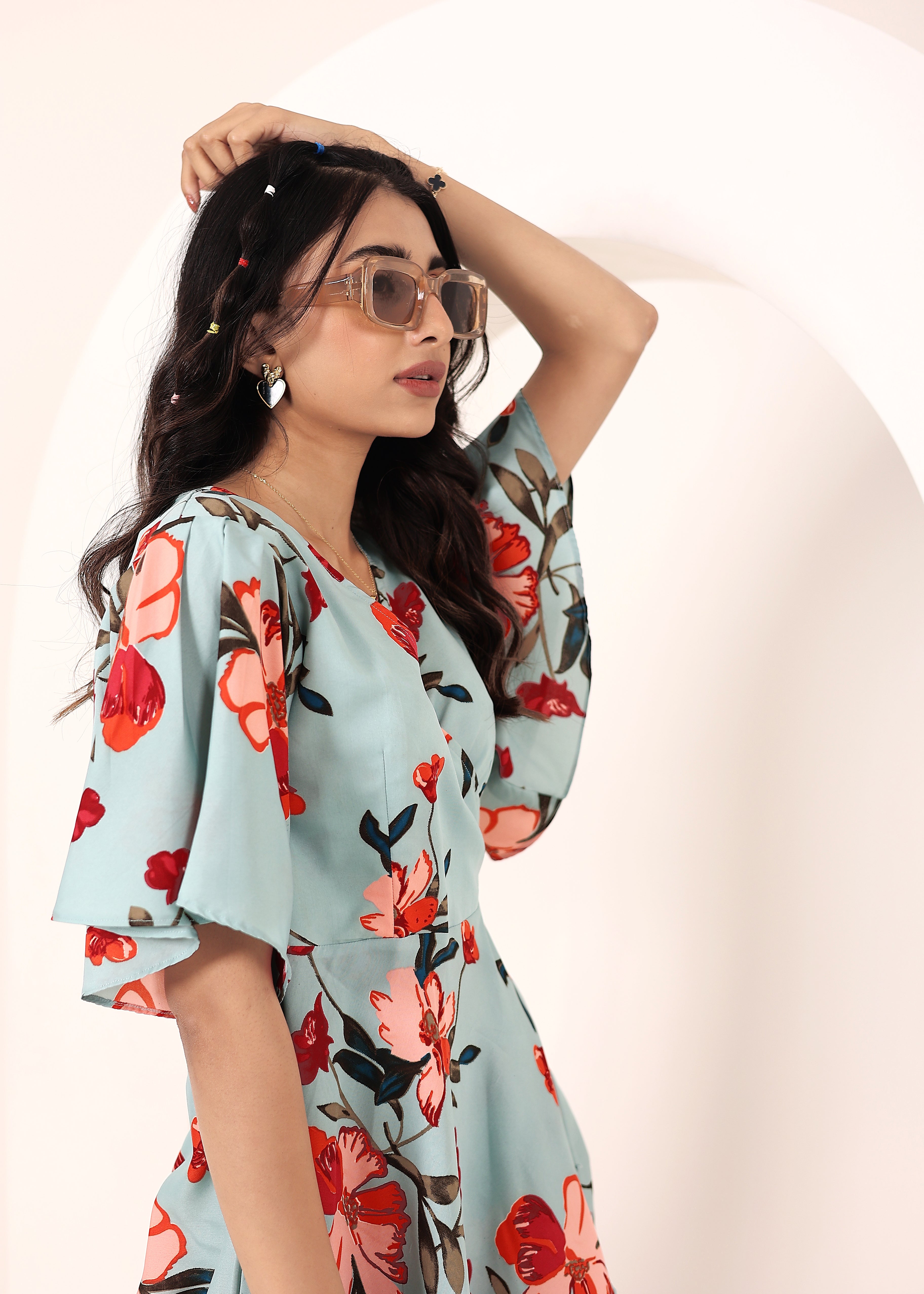 Sky Blue Floral Printed Wrap Mini Dress - Kaoribyshreya