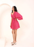 Pink and White Gingham Mini Dress with One-Side Statement Sleeve - Kaoribyshreya