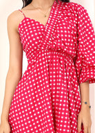Pink and White Gingham Mini Dress with One-Side Statement Sleeve - Kaoribyshreya