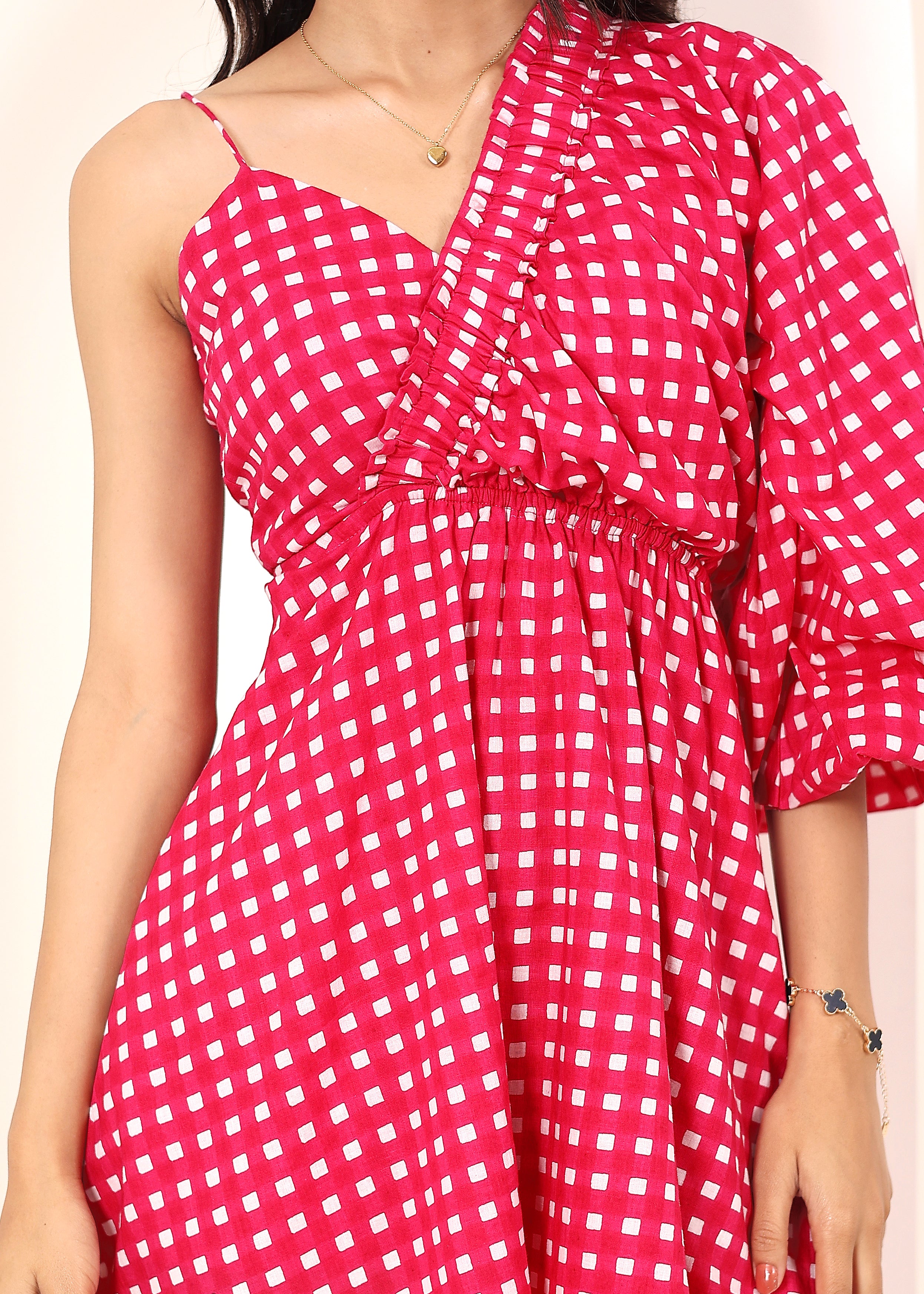 Pink and White Gingham Mini Dress with One-Side Statement Sleeve - Kaoribyshreya