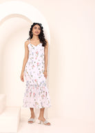 White Floral Printed Chiffon Midi Body-Hugging Ruffled Dress - Kaoribyshreya