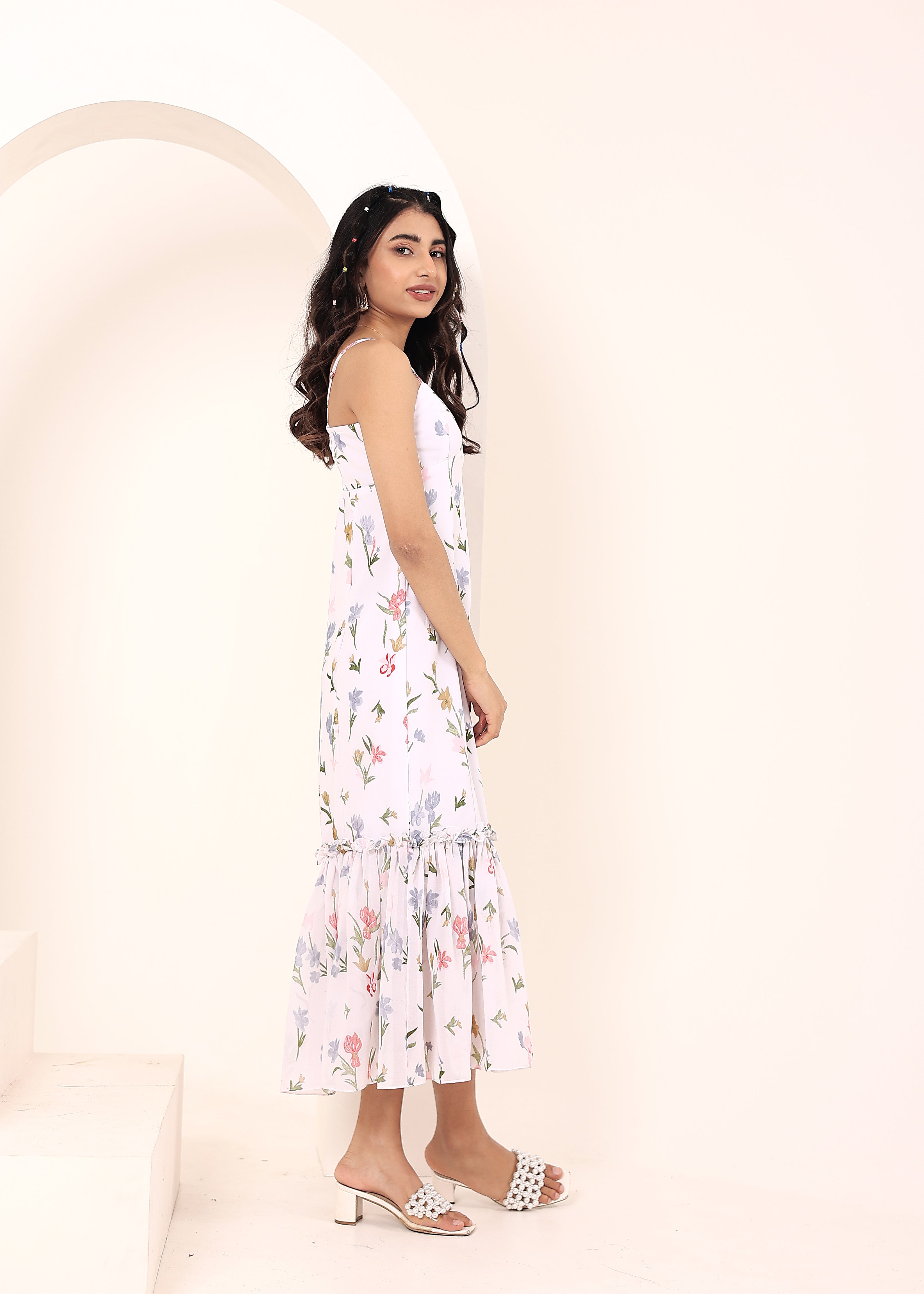 White Floral Printed Chiffon Midi Body-Hugging Ruffled Dress - Kaoribyshreya