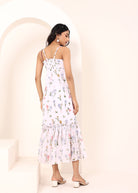 White Floral Printed Chiffon Midi Body-Hugging Ruffled Dress - Kaoribyshreya