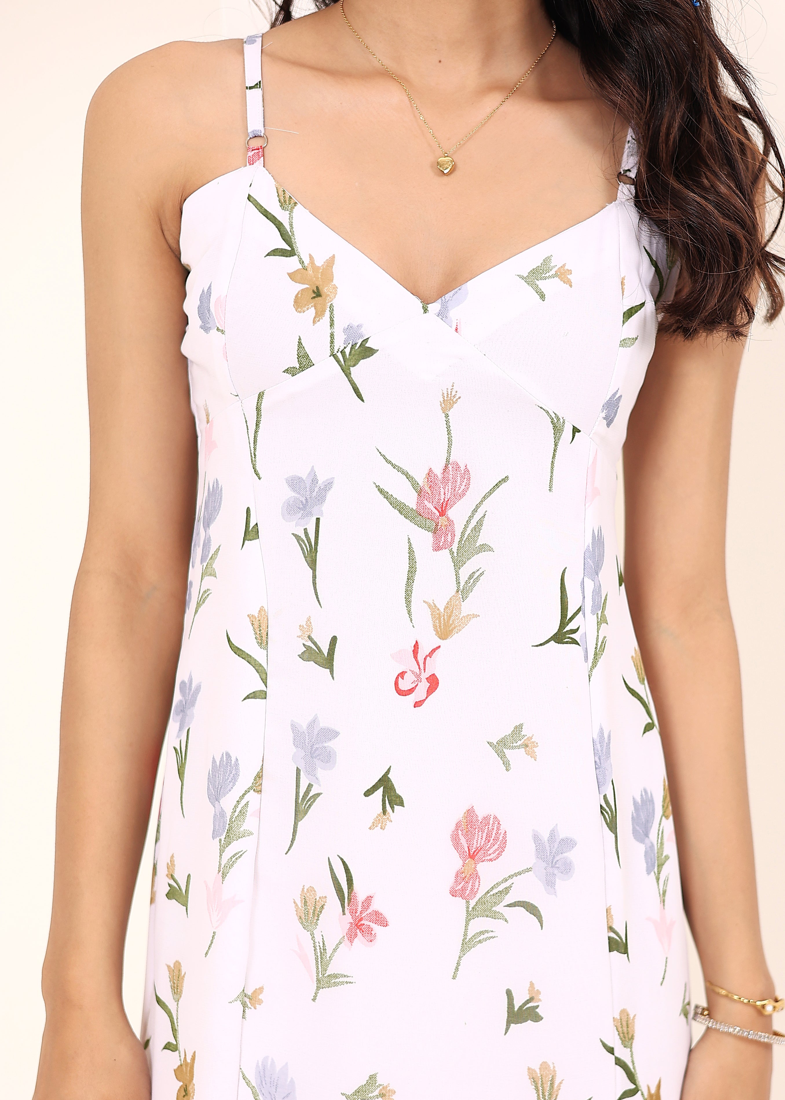 White Floral Printed Chiffon Midi Body-Hugging Ruffled Dress - Kaoribyshreya