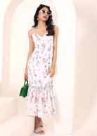 White Floral Printed Chiffon Midi Body-Hugging Ruffled Dress - Kaoribyshreya