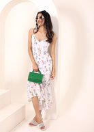 White Floral Printed Chiffon Midi Body-Hugging Ruffled Dress - Kaoribyshreya