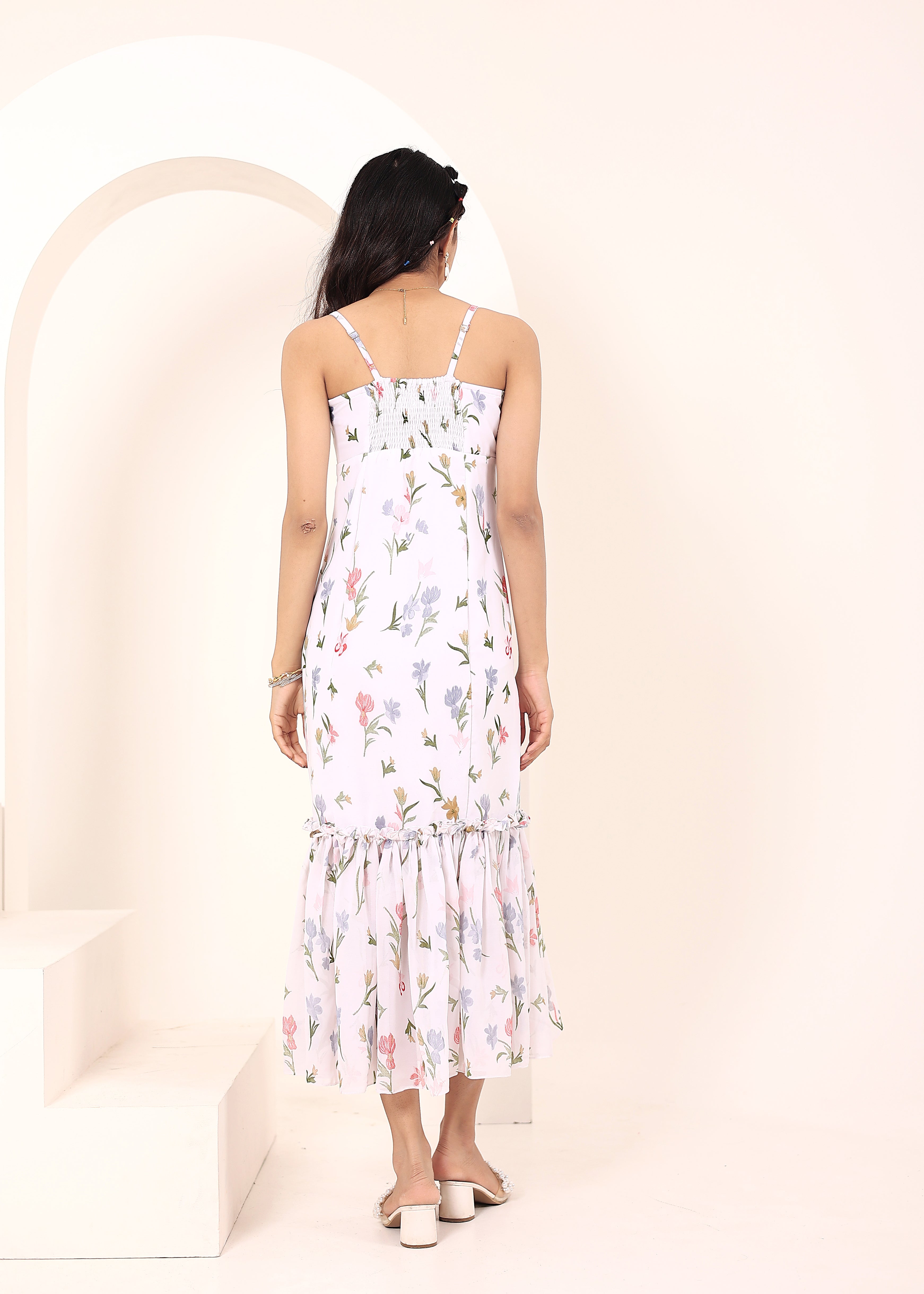 White Floral Printed Chiffon Midi Body-Hugging Ruffled Dress - Kaoribyshreya