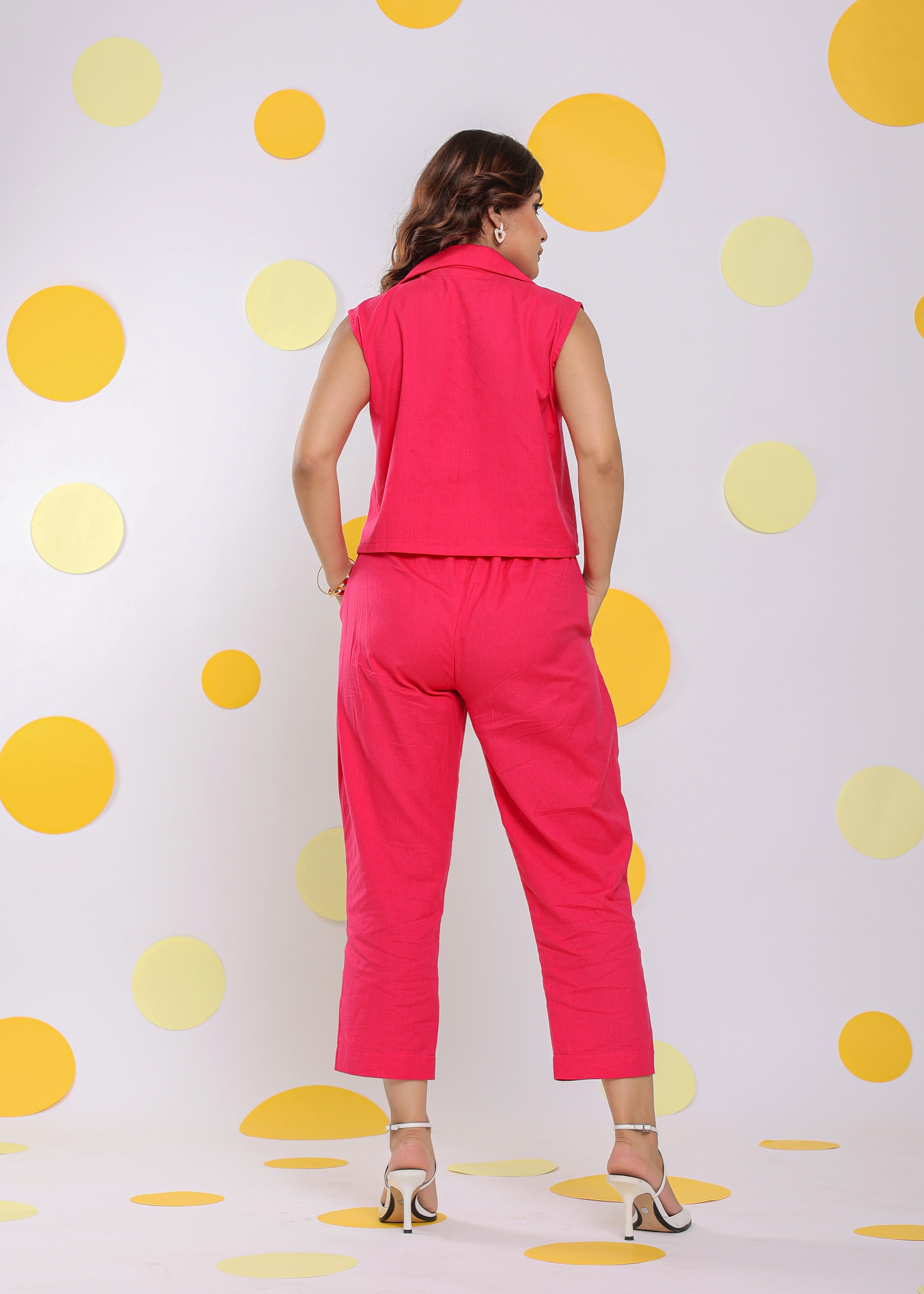 Hot Pink Sleeveless Waistcoat and Pant 2 Piece Set Summer Everyday Wear 100% Cotton Co-ord Set - Kaoribyshreya