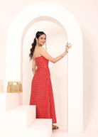 Red and White Gingham Tube Maxi Dress with Pockets - Kaoribyshreya