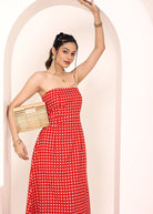 Red and White Gingham Tube Maxi Dress with Pockets - Kaoribyshreya