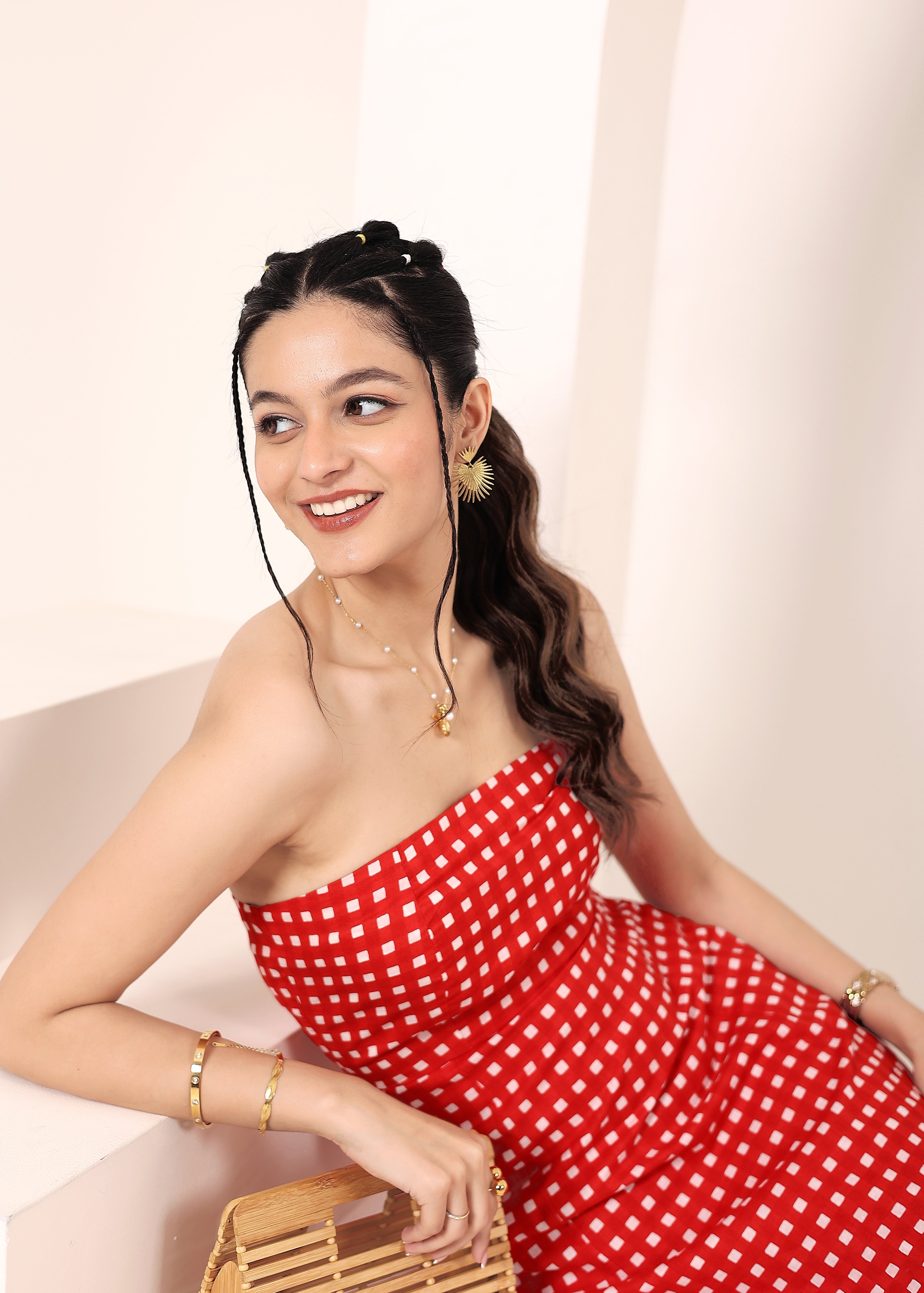 Red and White Gingham Tube Maxi Dress with Pockets - Kaoribyshreya
