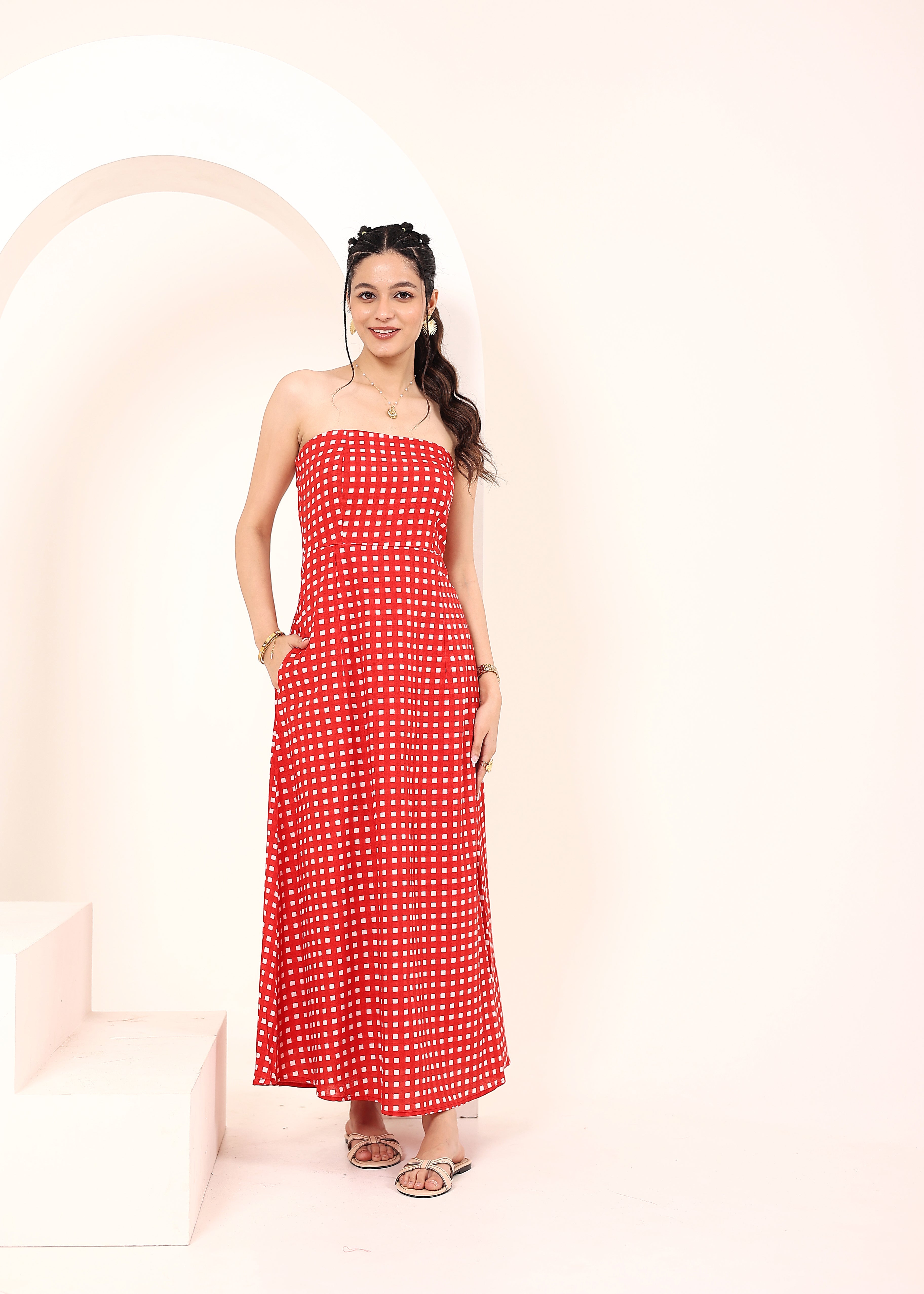Red and White Gingham Tube Maxi Dress with Pockets - Kaoribyshreya