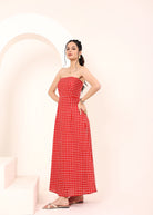 Red and White Gingham Tube Maxi Dress with Pockets - Kaoribyshreya