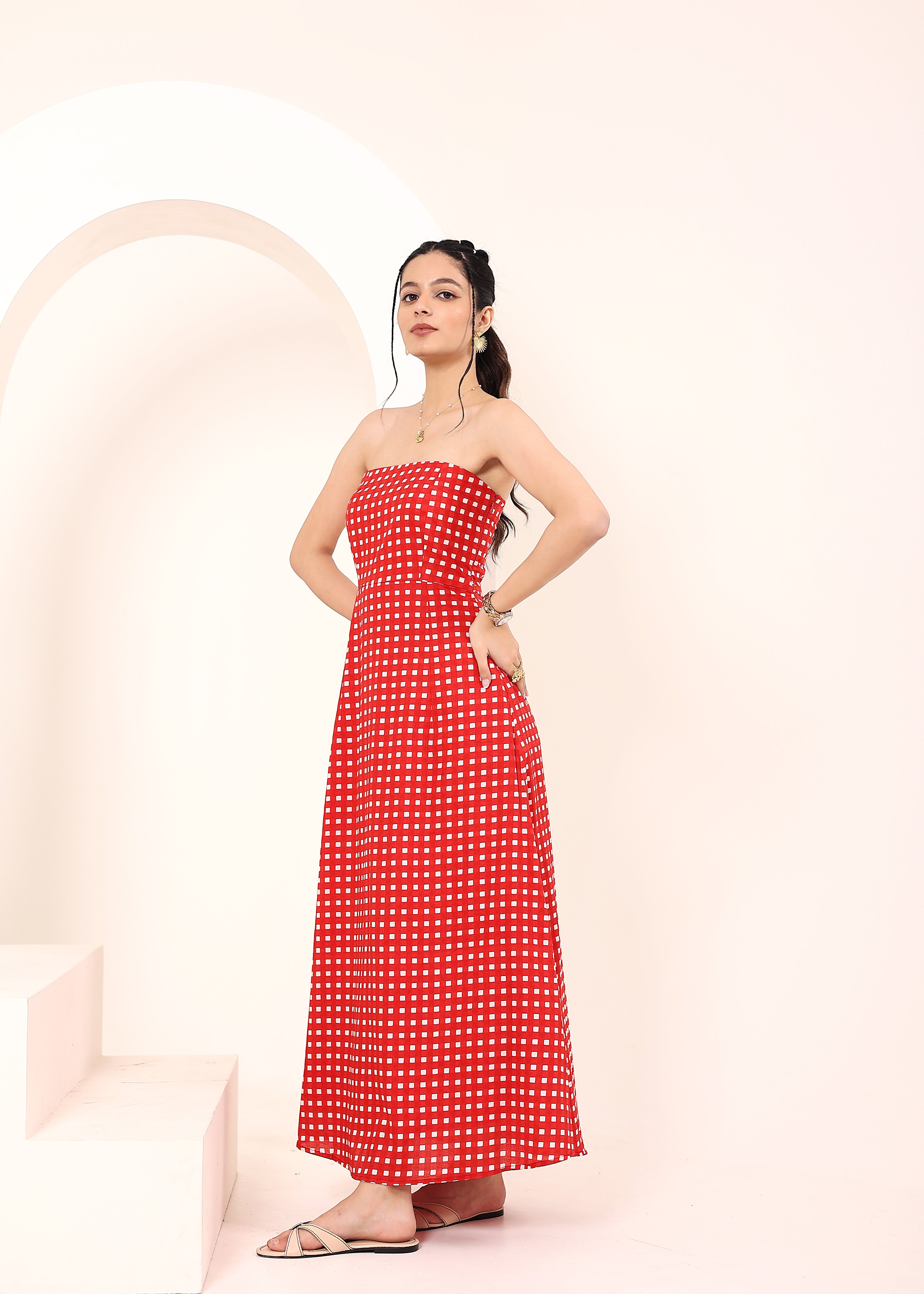 Red and White Gingham Tube Maxi Dress with Pockets - Kaoribyshreya