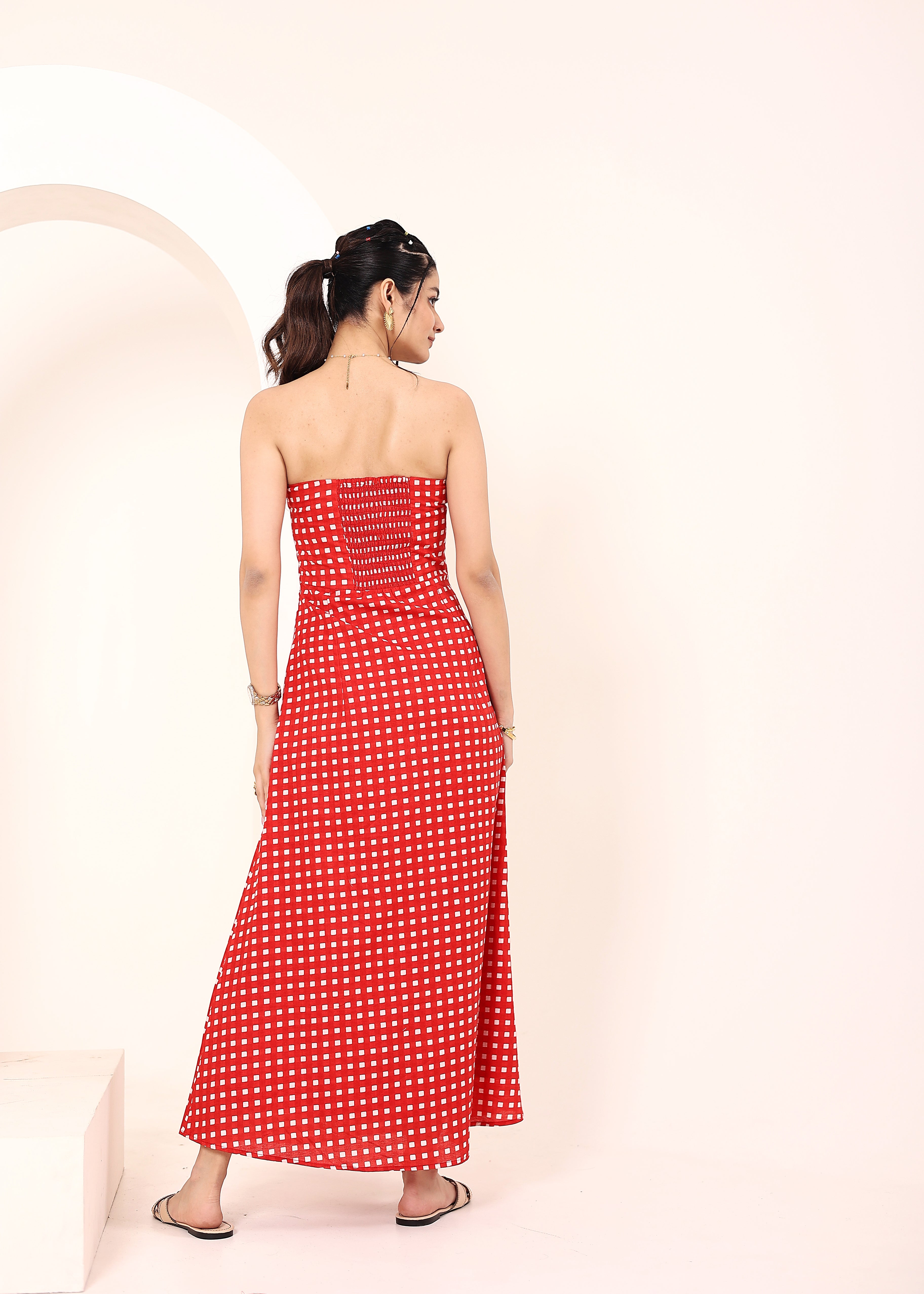 Red and White Gingham Tube Maxi Dress with Pockets - Kaoribyshreya