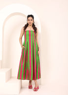 Pink and Green Stripes Tube Maxi Dress with Pockets - Kaoribyshreya