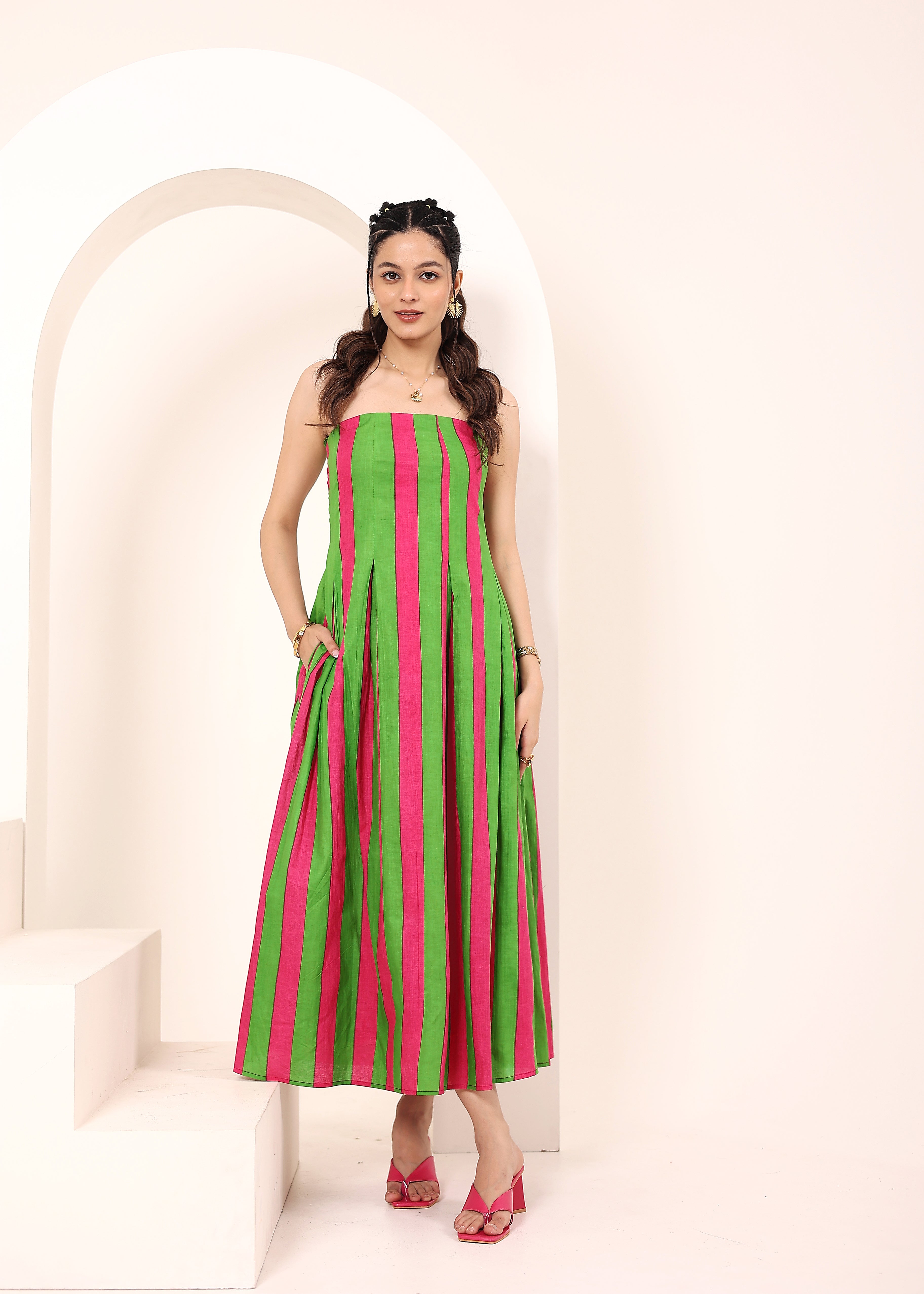 Pink and Green Stripes Tube Maxi Dress with Pockets - Kaoribyshreya