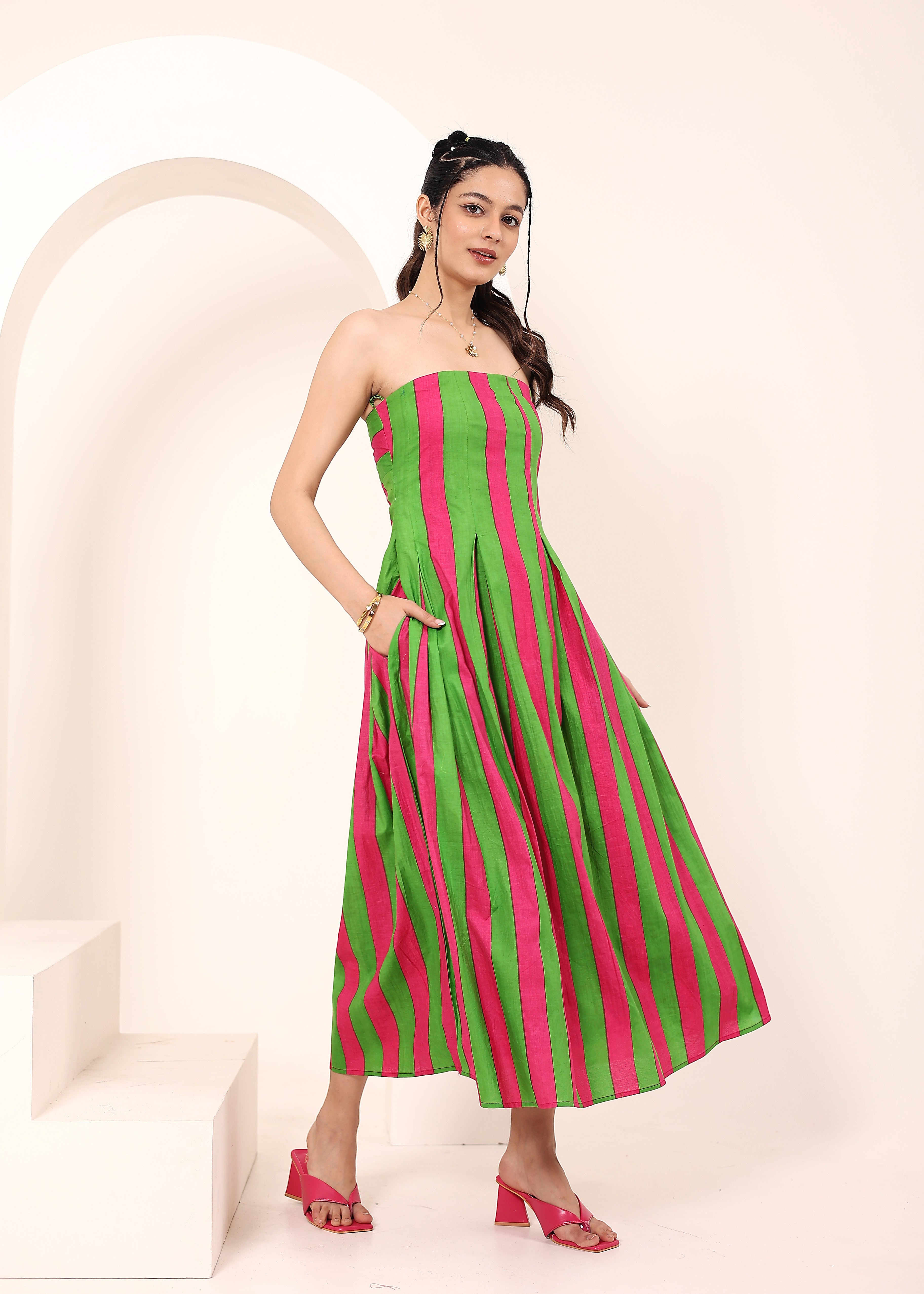 Pink and Green Stripes Tube Maxi Dress with Pockets - Kaoribyshreya