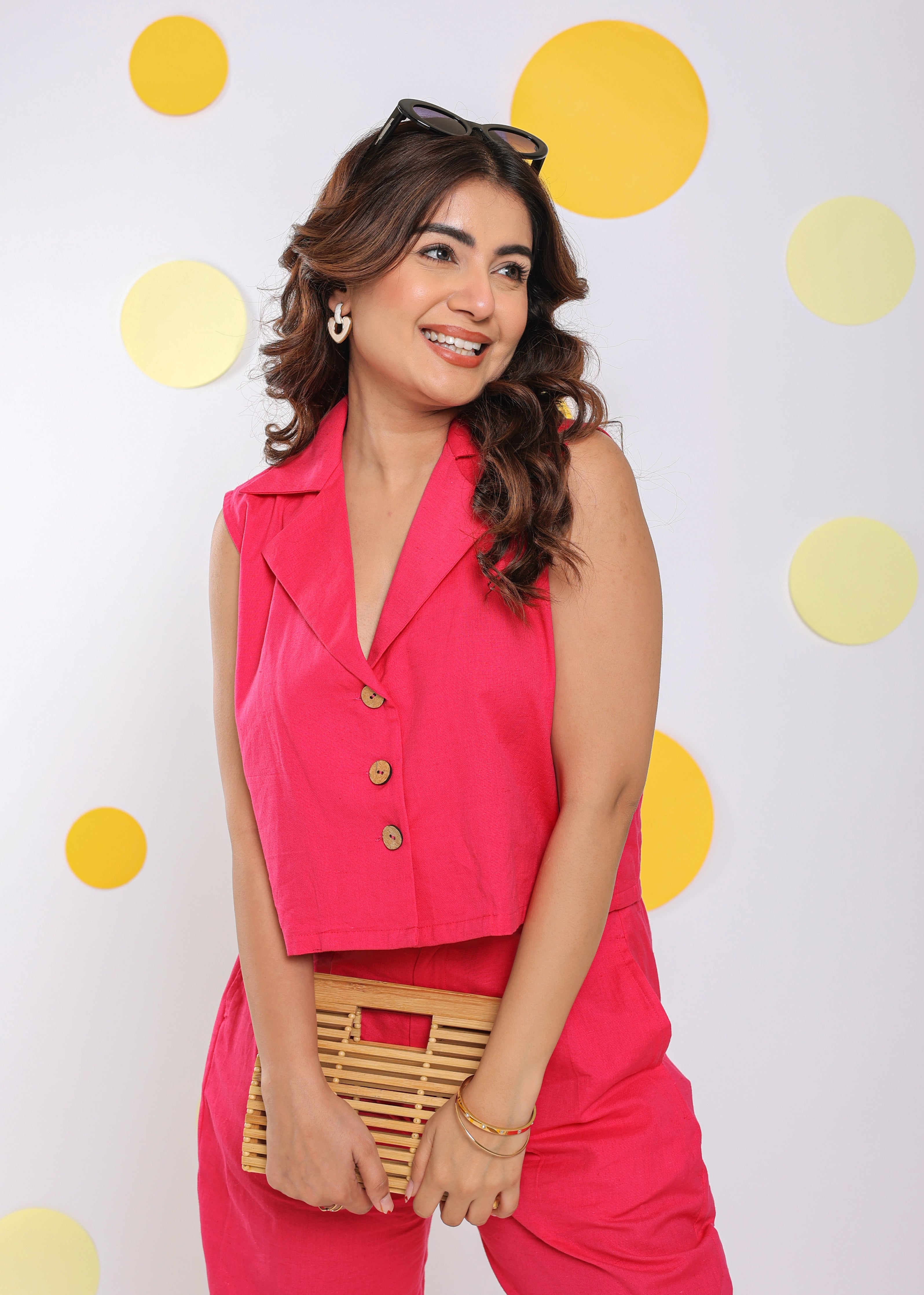 Hot Pink Sleeveless Waistcoat and Pant 2 Piece Set Summer Everyday Wear 100% Cotton Co-ord Set - Kaoribyshreya
