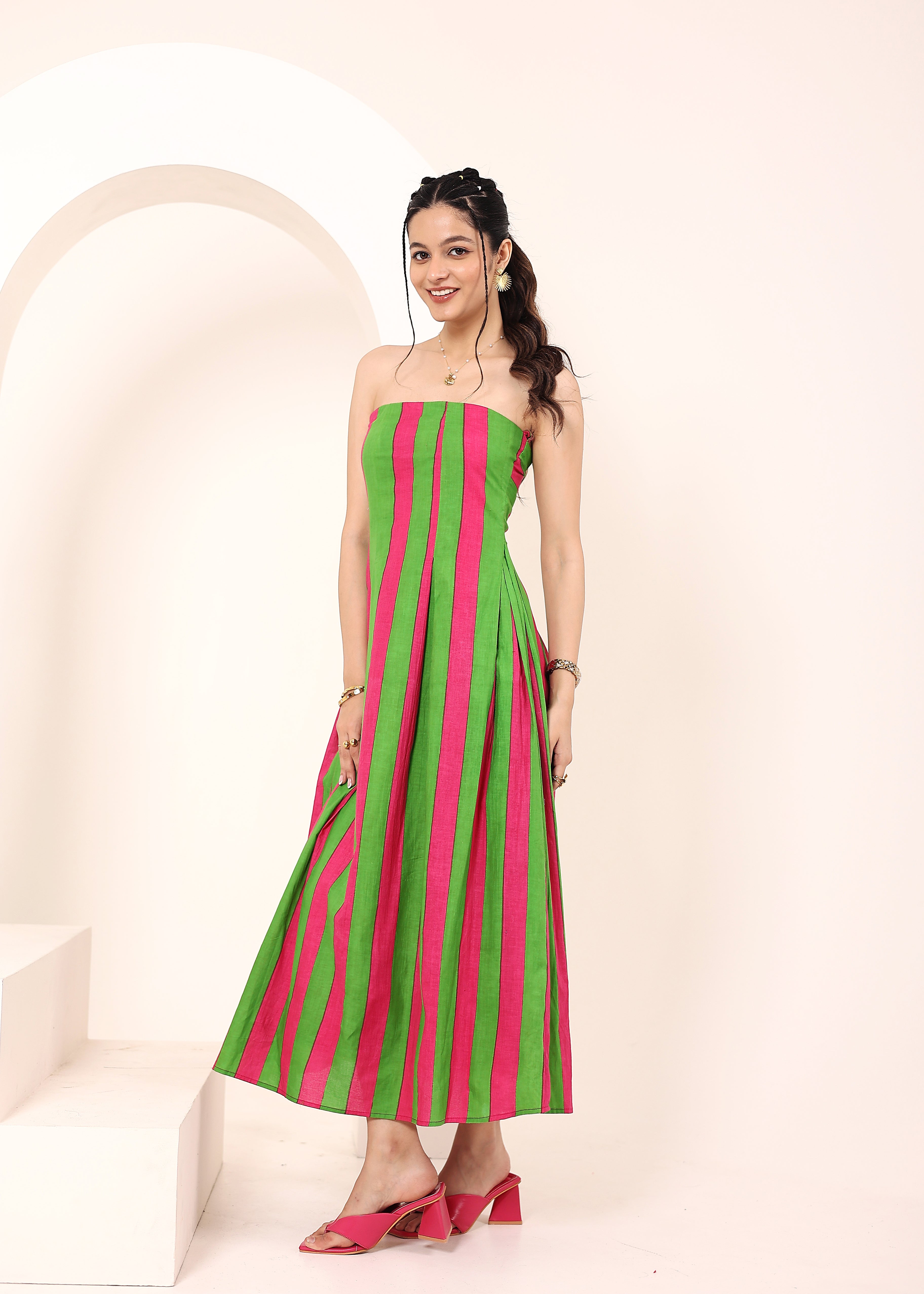 Pink and Green Stripes Tube Maxi Dress with Pockets - Kaoribyshreya