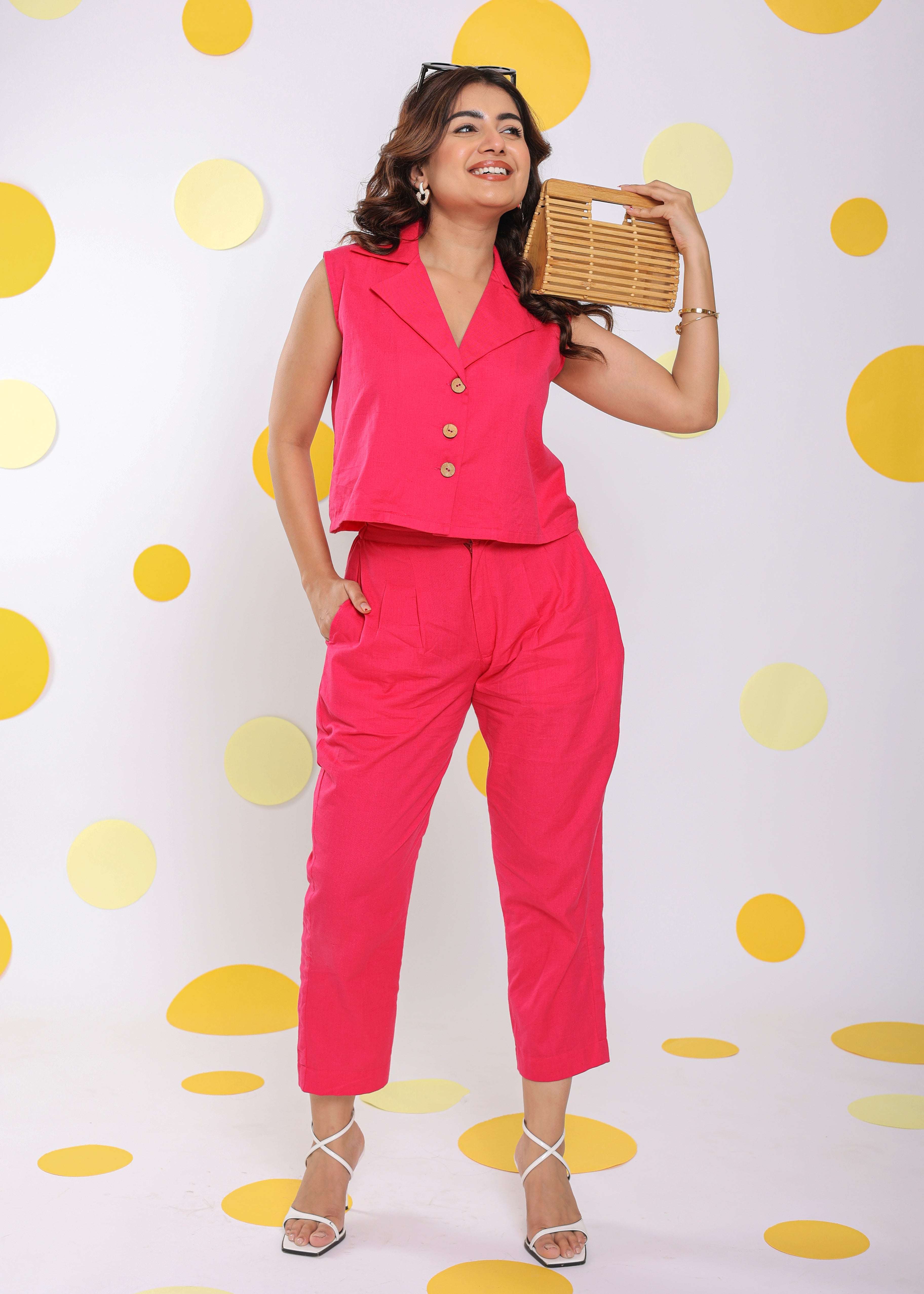Hot Pink Sleeveless Waistcoat and Pant 2 Piece Set Summer Everyday Wear 100% Cotton Co-ord Set - Kaoribyshreya