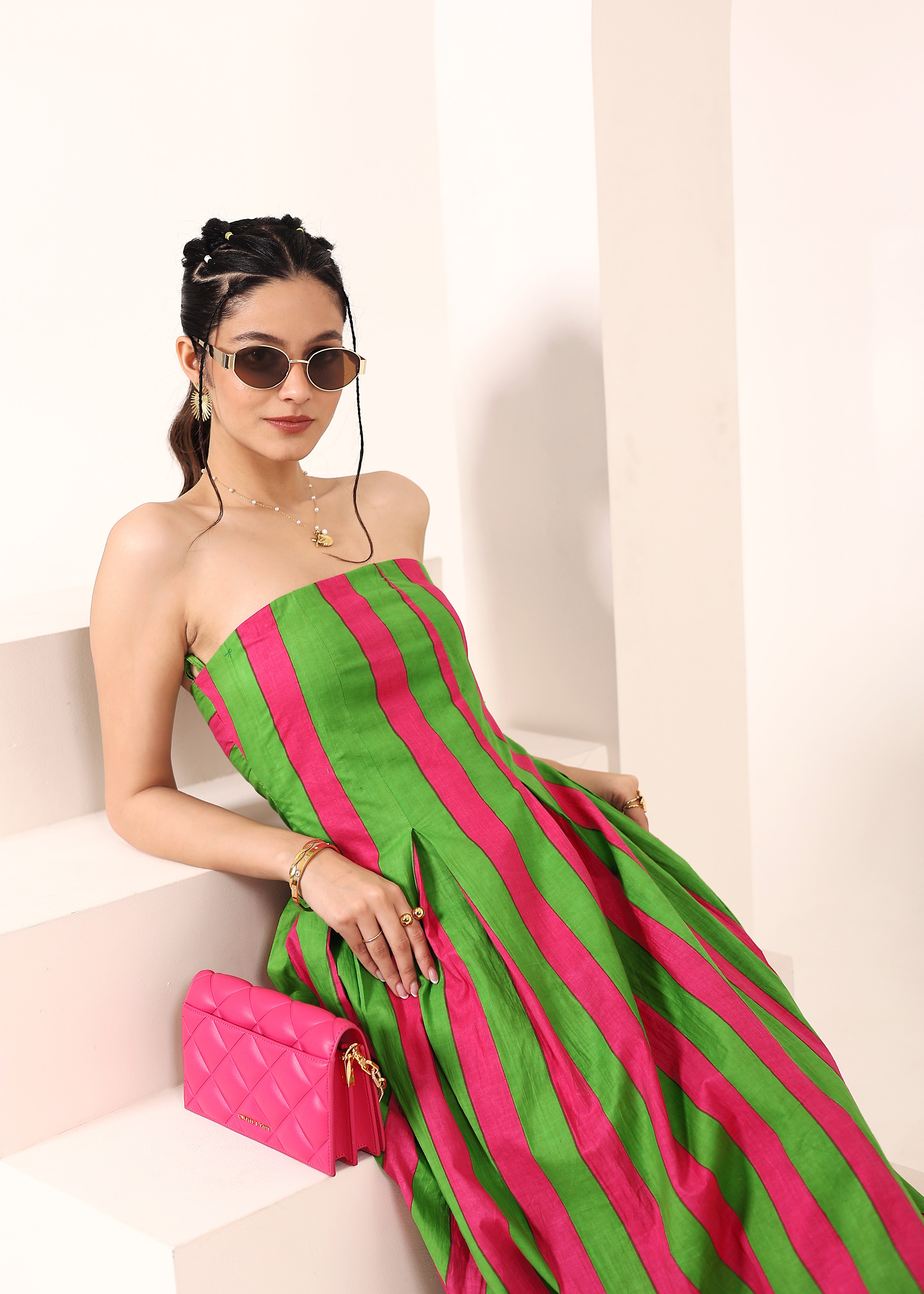 Pink and Green Stripes Tube Maxi Dress with Pockets - Kaoribyshreya