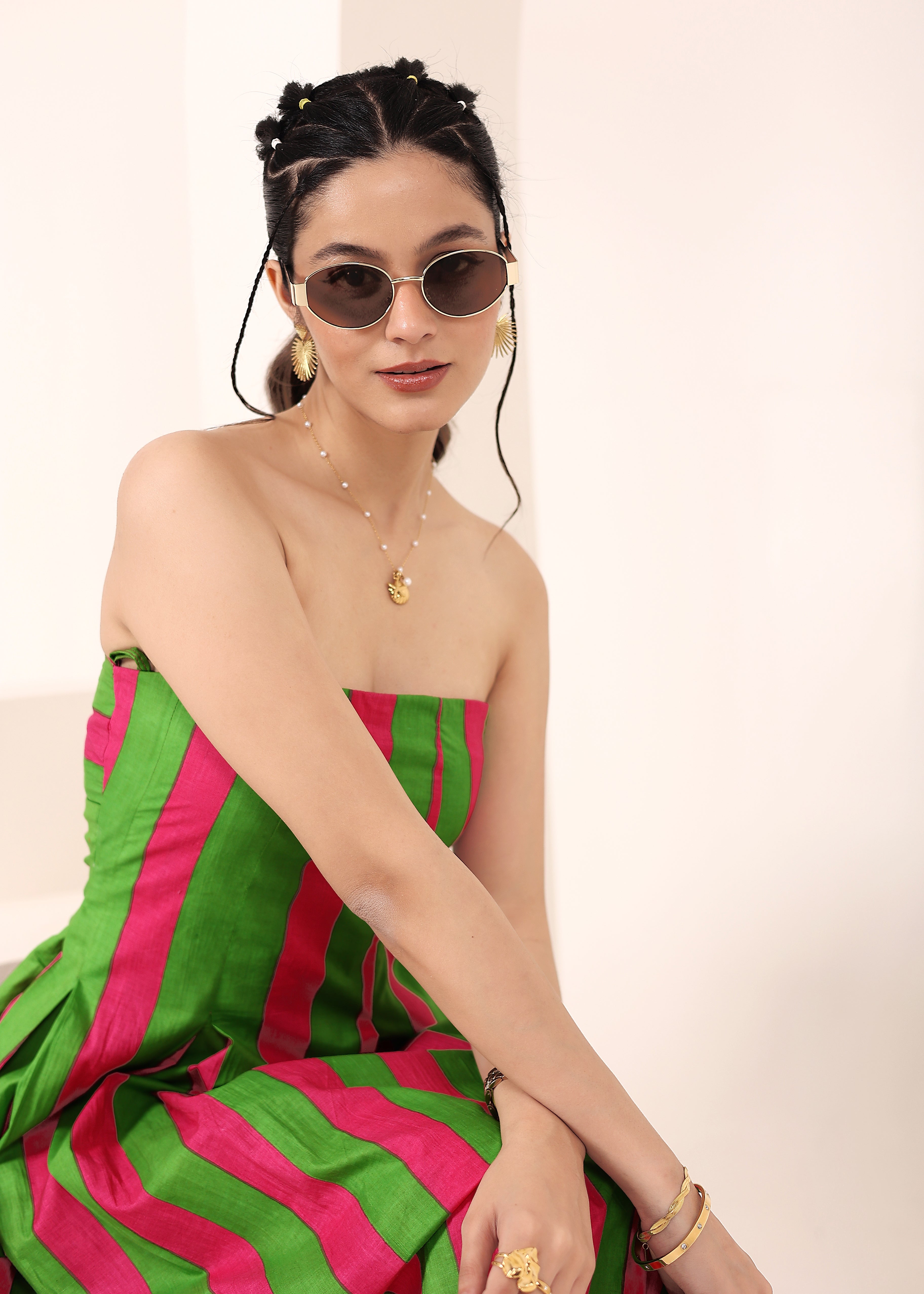 Pink and Green Stripes Tube Maxi Dress with Pockets - Kaoribyshreya