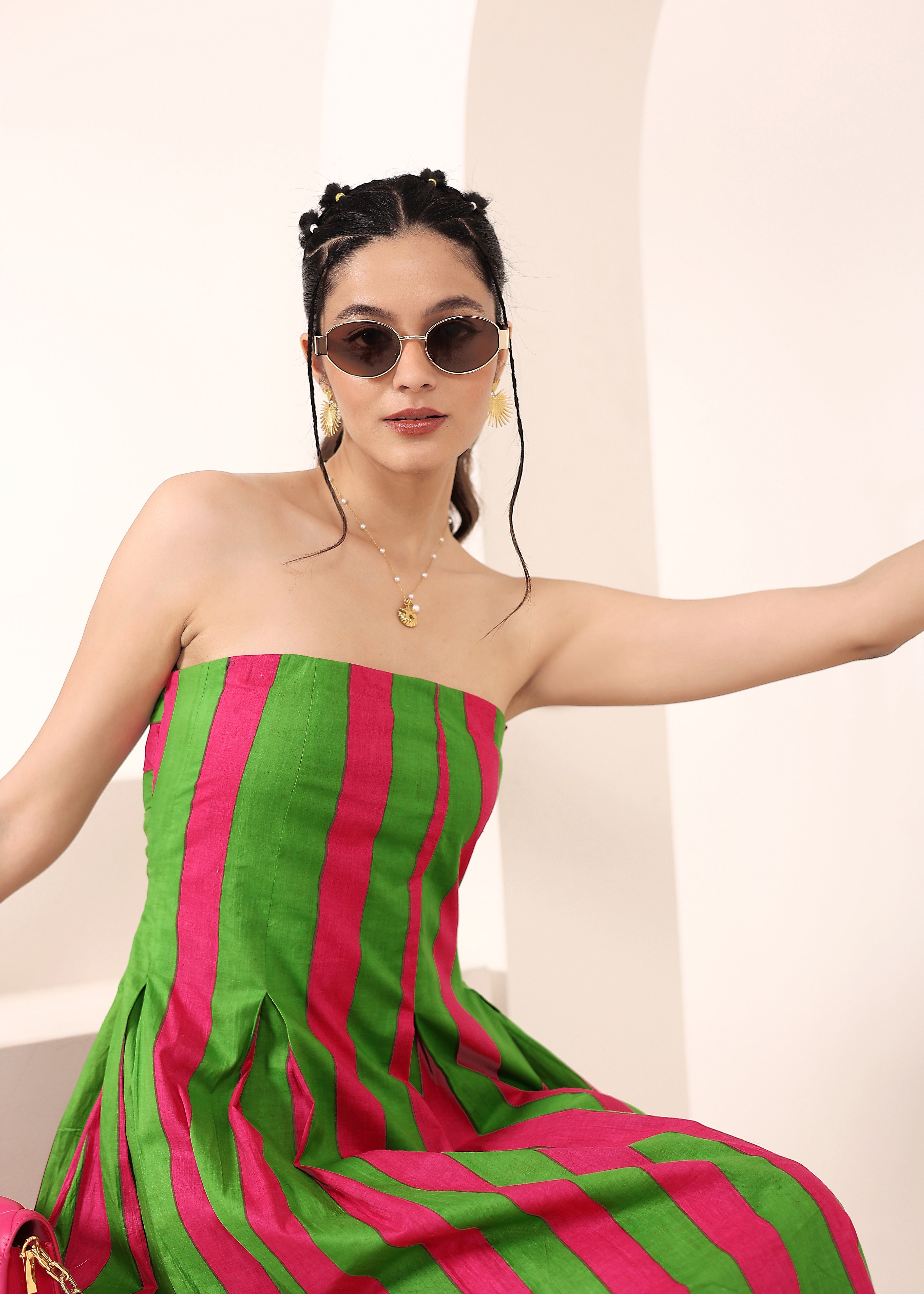 Pink and Green Stripes Tube Maxi Dress with Pockets - Kaoribyshreya