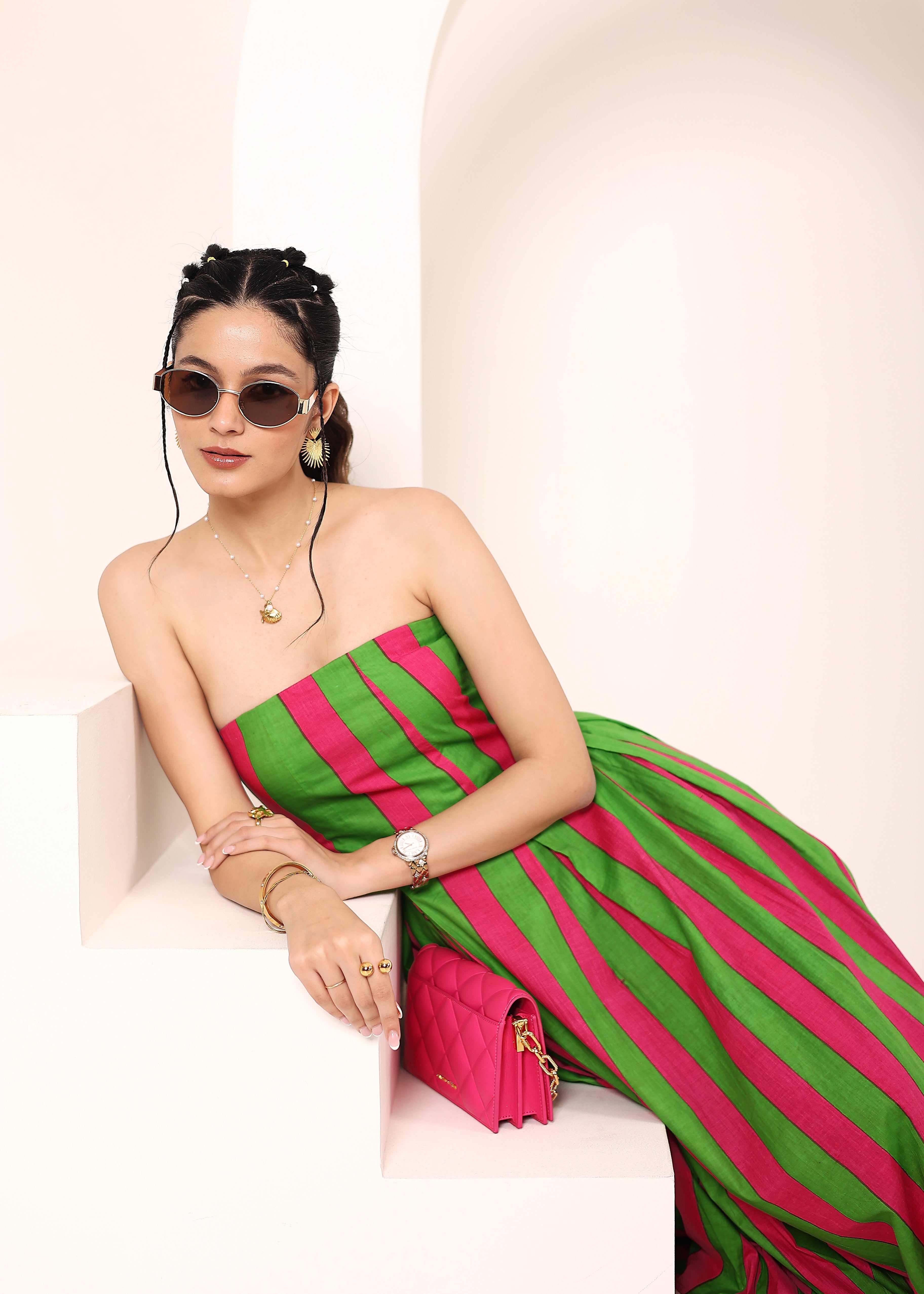 Pink and Green Stripes Tube Maxi Dress with Pockets - Kaoribyshreya