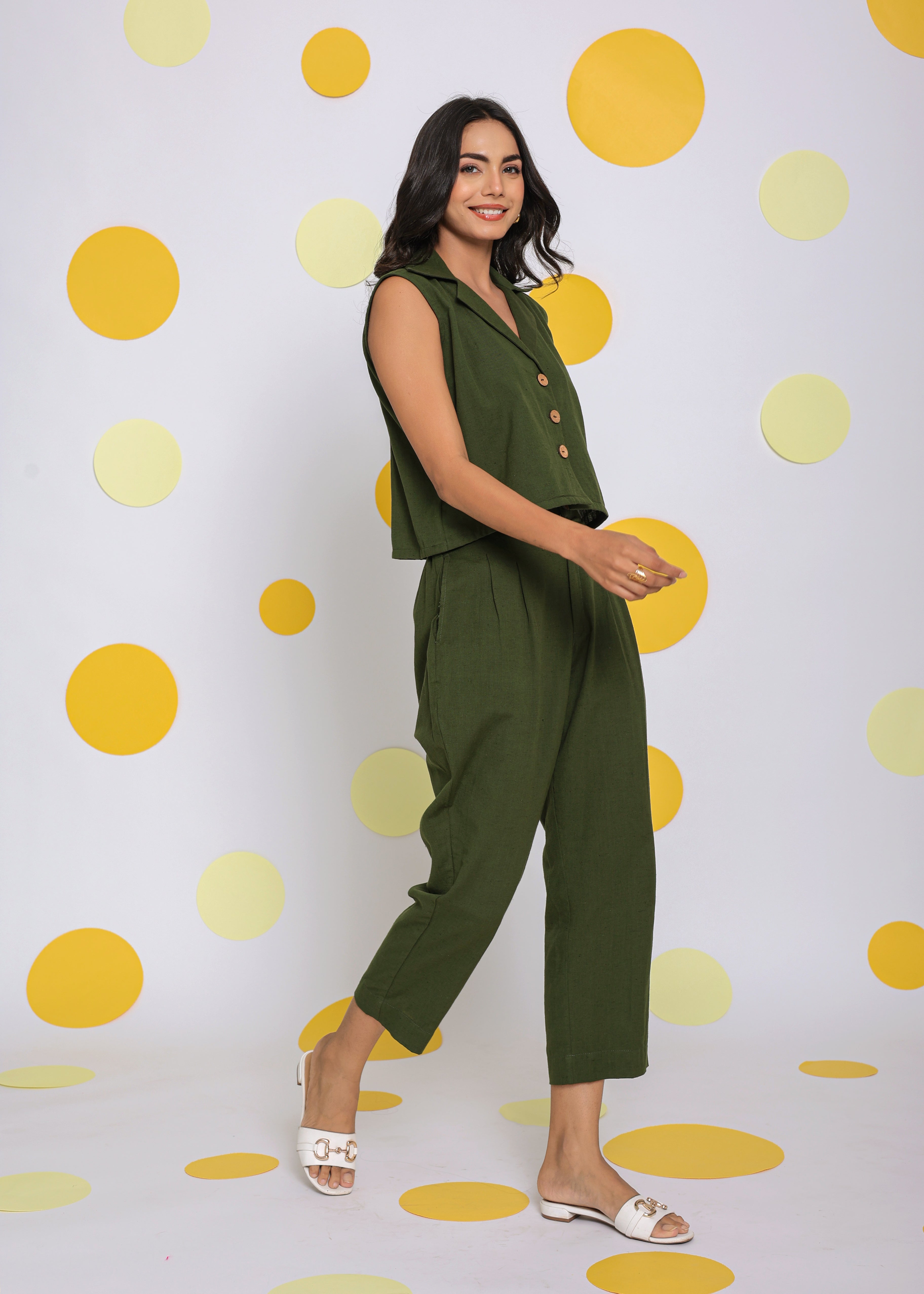 Olive Green Everyday Wear Top and Pant Two Piece Set Summer Relaxed 100% Cotton Co-ord Set - Kaoribyshreya