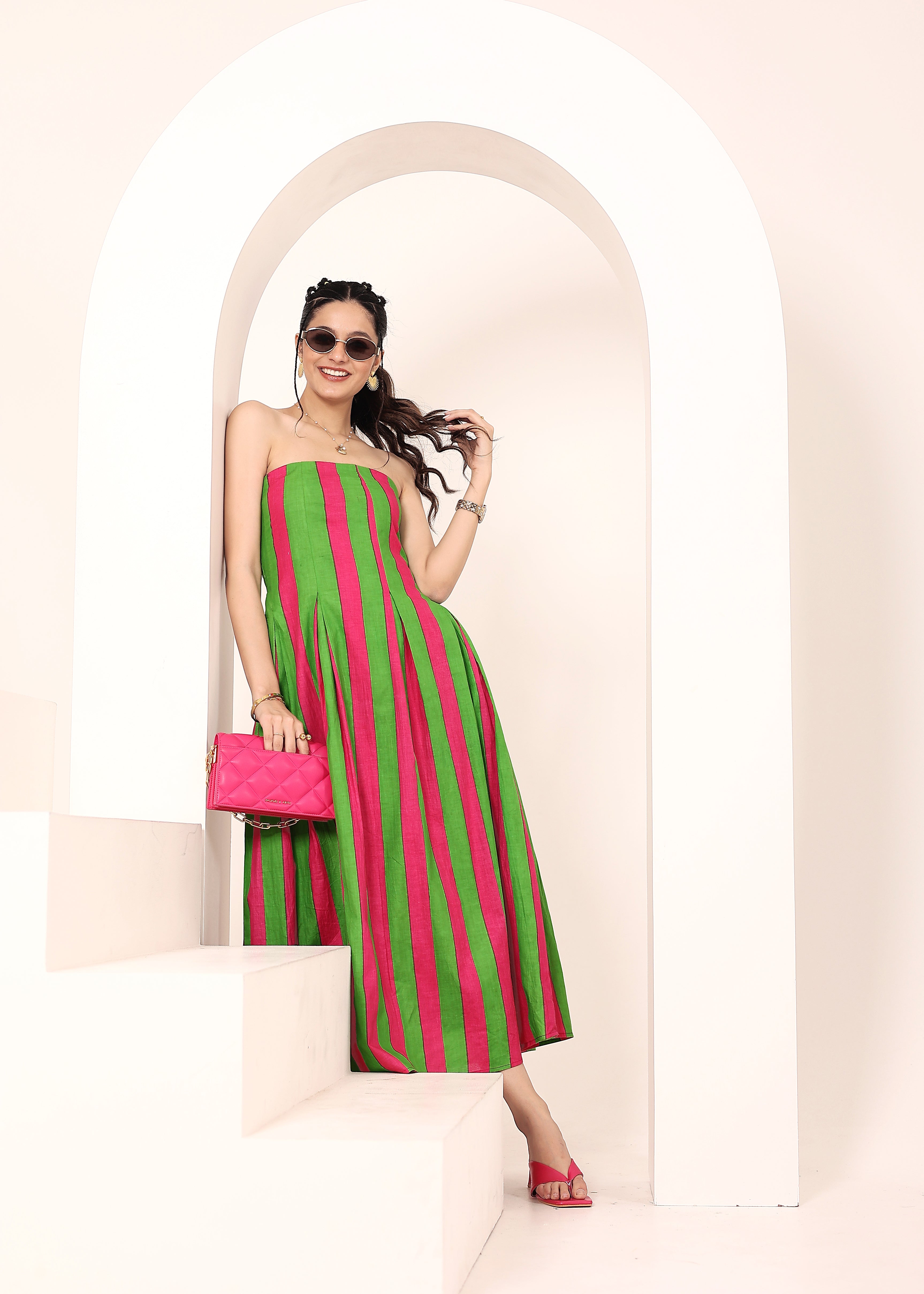 Pink and Green Stripes Tube Maxi Dress with Pockets - Kaoribyshreya
