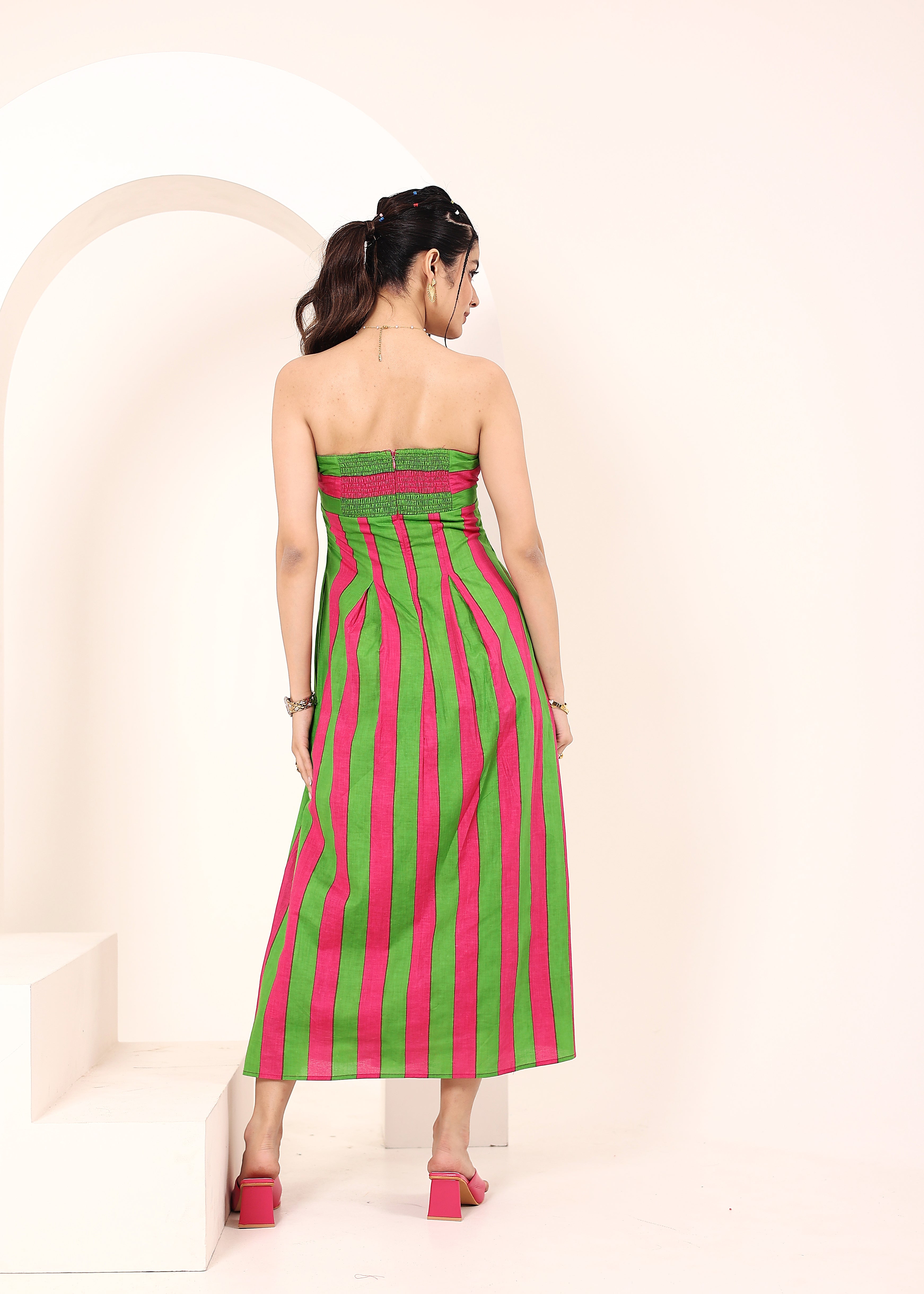Pink and Green Stripes Tube Maxi Dress with Pockets - Kaoribyshreya