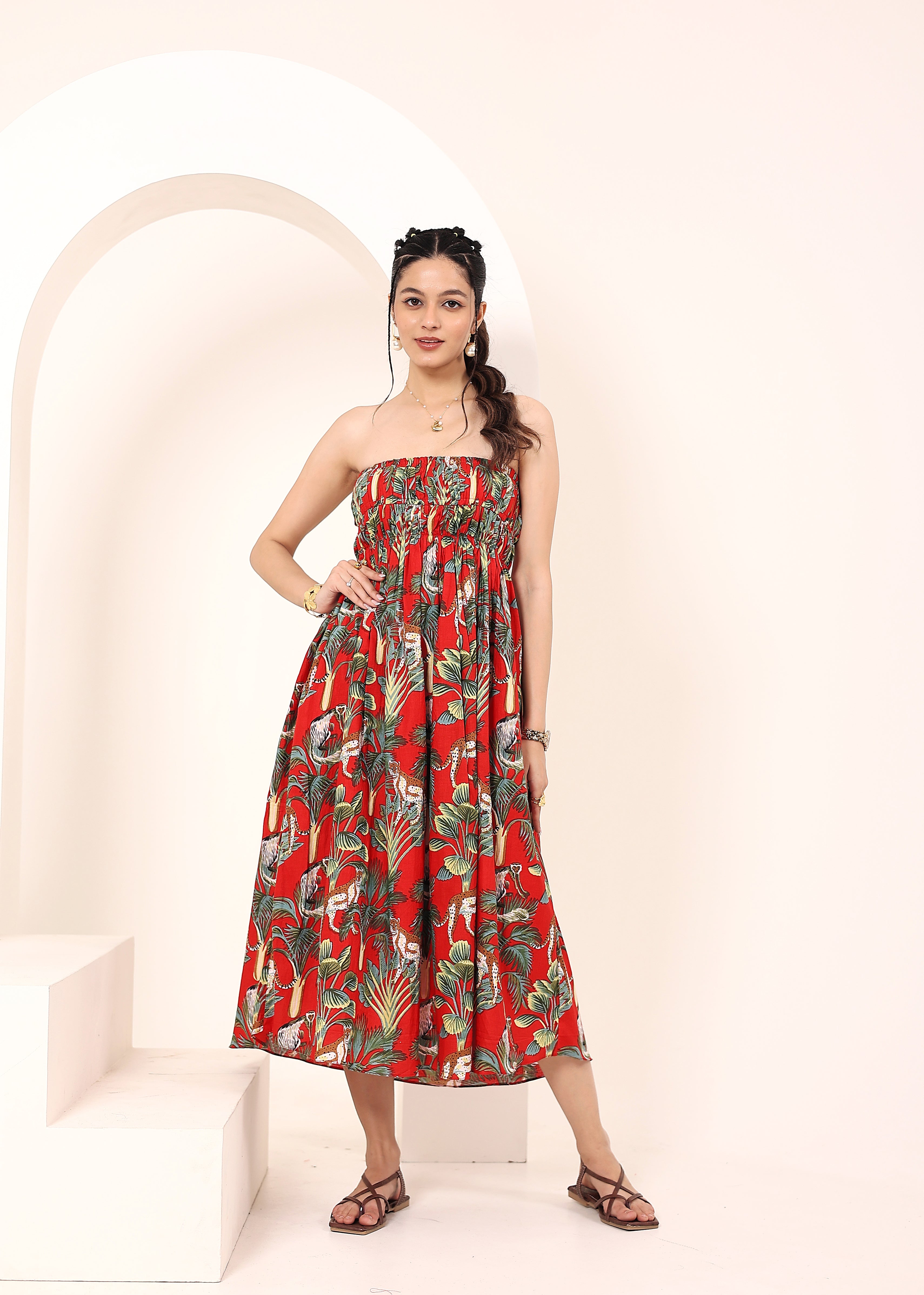 Red Tropical Printed Smocked Midi Dress with Pockets - Kaoribyshreya