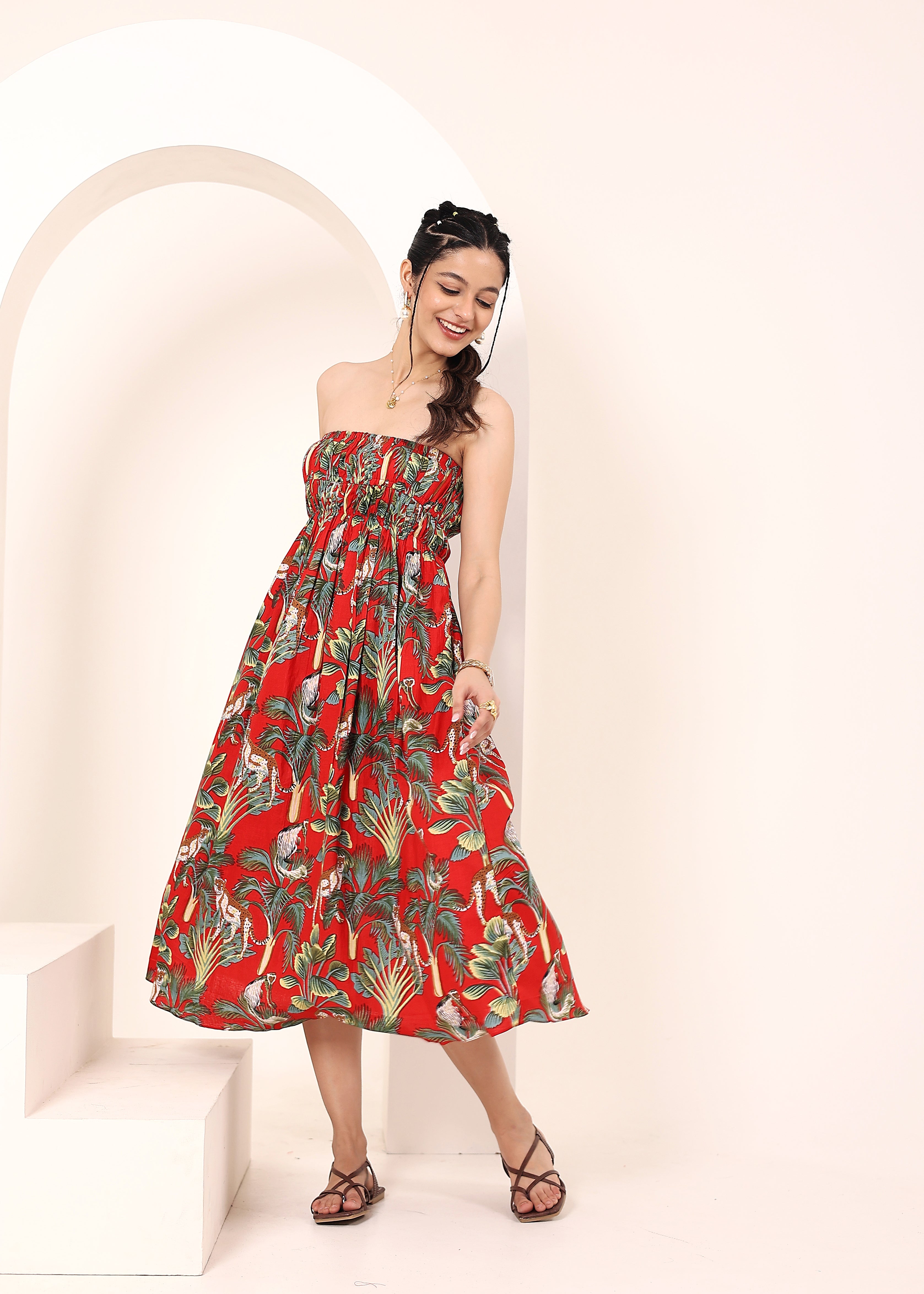 Red Tropical Printed Smocked Midi Dress with Pockets - Kaoribyshreya