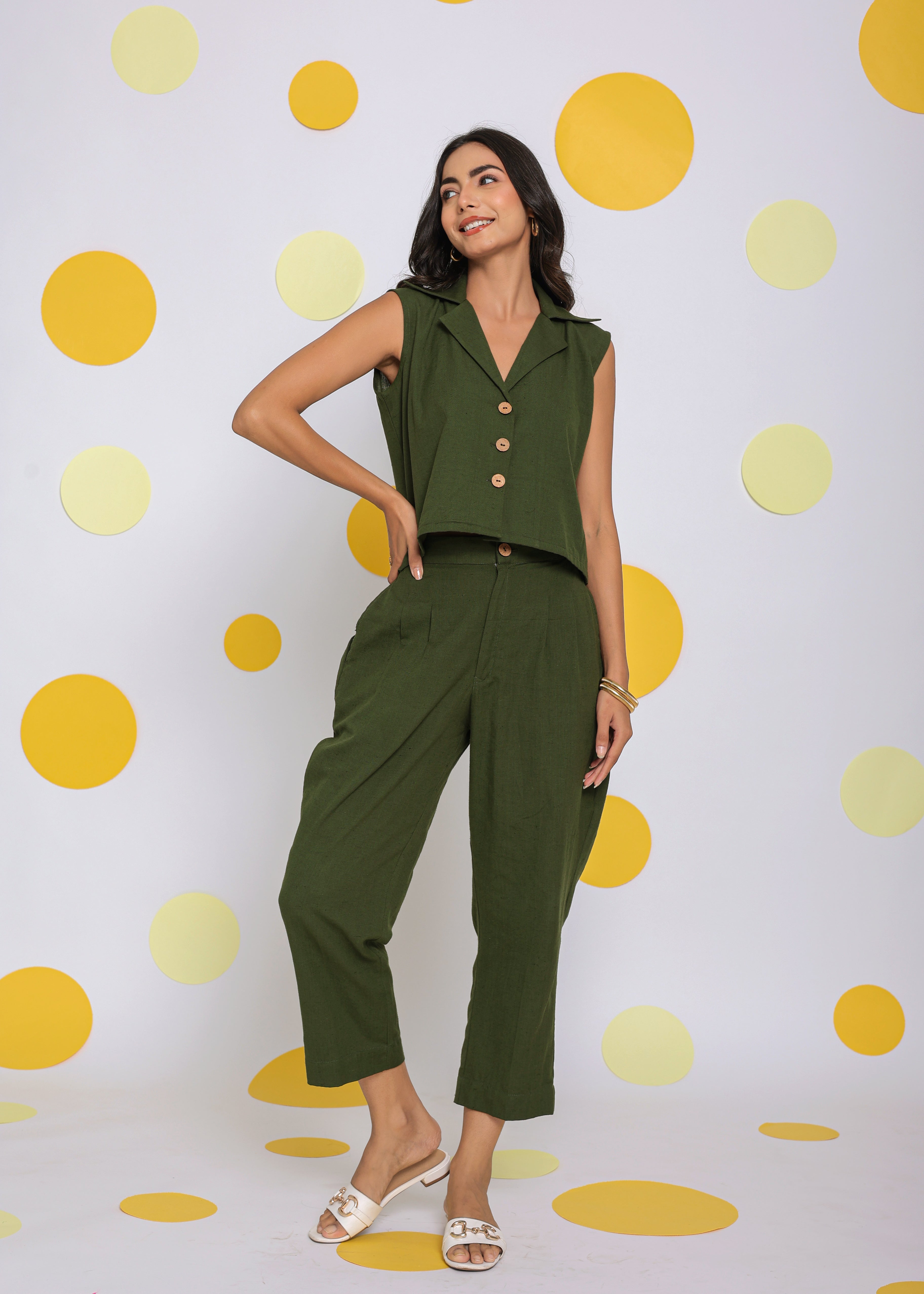 Olive Green Summer Relaxed Collared Waist Coat 100% Cotton Shirt - Kaoribyshreya