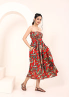 Red Tropical Printed Smocked Midi Dress with Pockets - Kaoribyshreya
