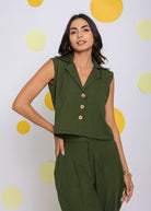 Olive Green Summer Relaxed Collared Waist Coat 100% Cotton Shirt - Kaoribyshreya