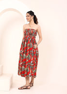 Red Tropical Printed Smocked Midi Dress with Pockets - Kaoribyshreya
