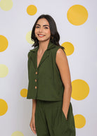 Olive Green Summer Relaxed Collared Waist Coat 100% Cotton Shirt - Kaoribyshreya