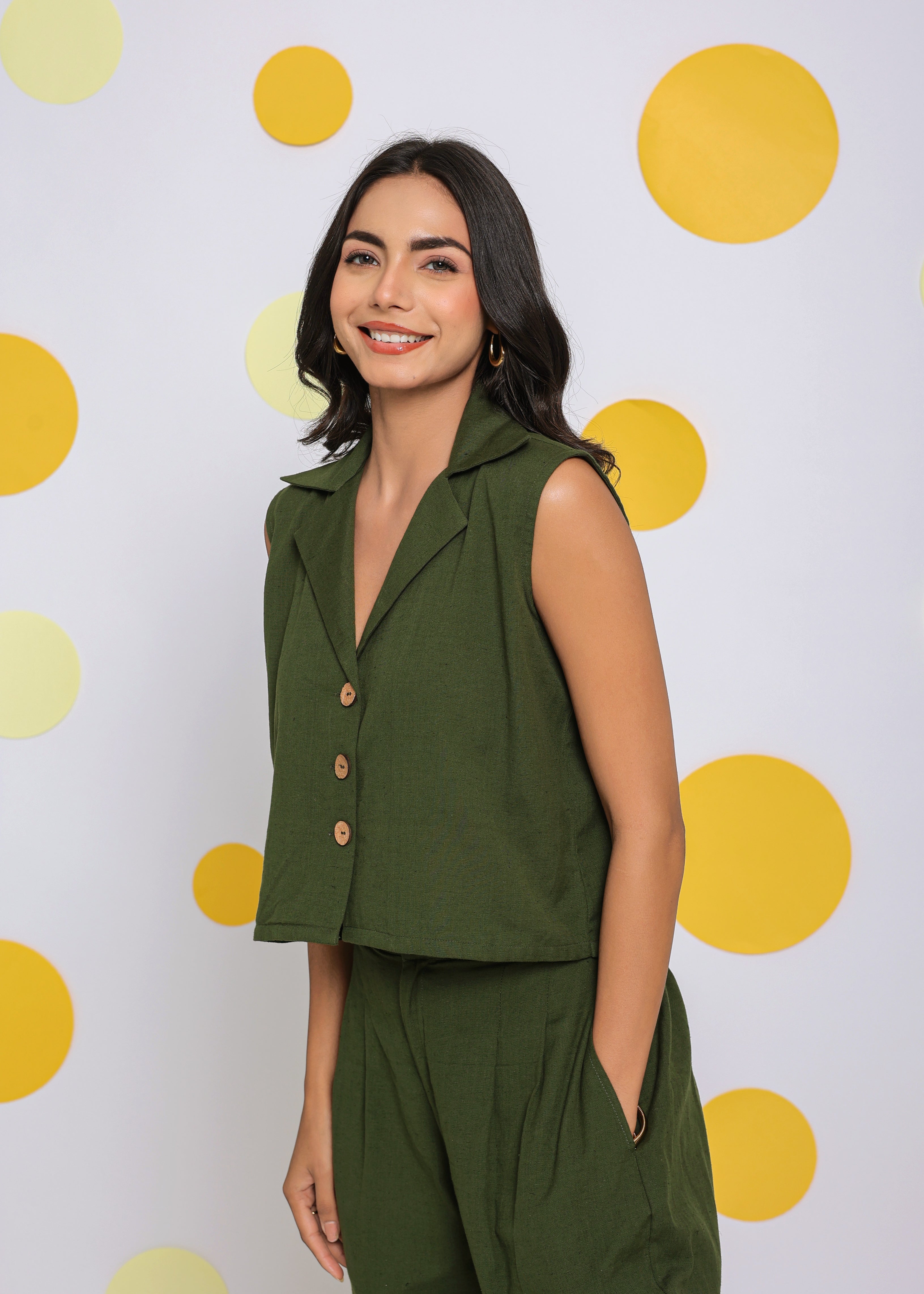 Olive Green Summer Relaxed Collared Waist Coat 100% Cotton Shirt - Kaoribyshreya