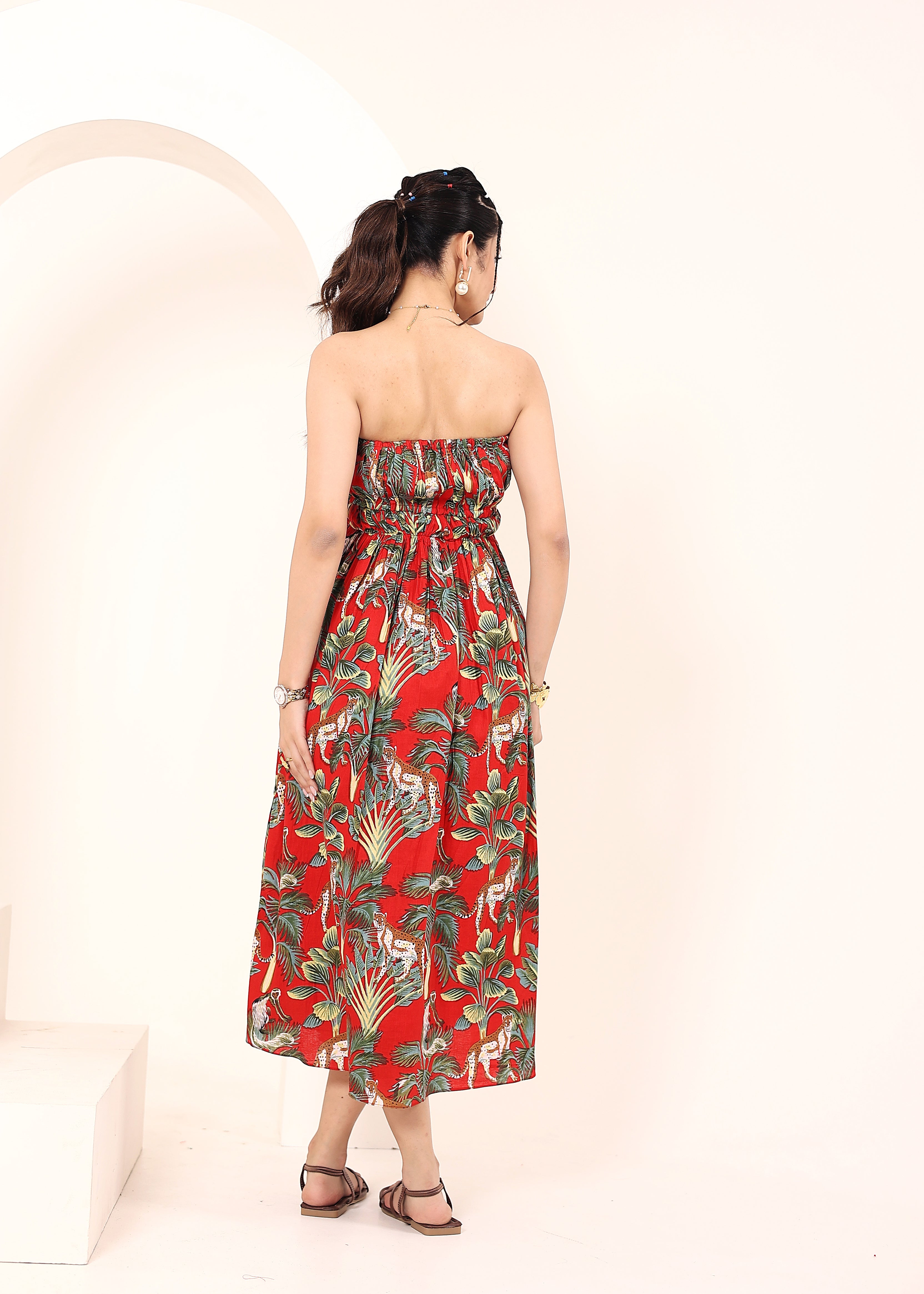 Red Tropical Printed Smocked Midi Dress with Pockets - Kaoribyshreya