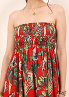 Red Tropical Printed Smocked Midi Dress with Pockets - Kaoribyshreya