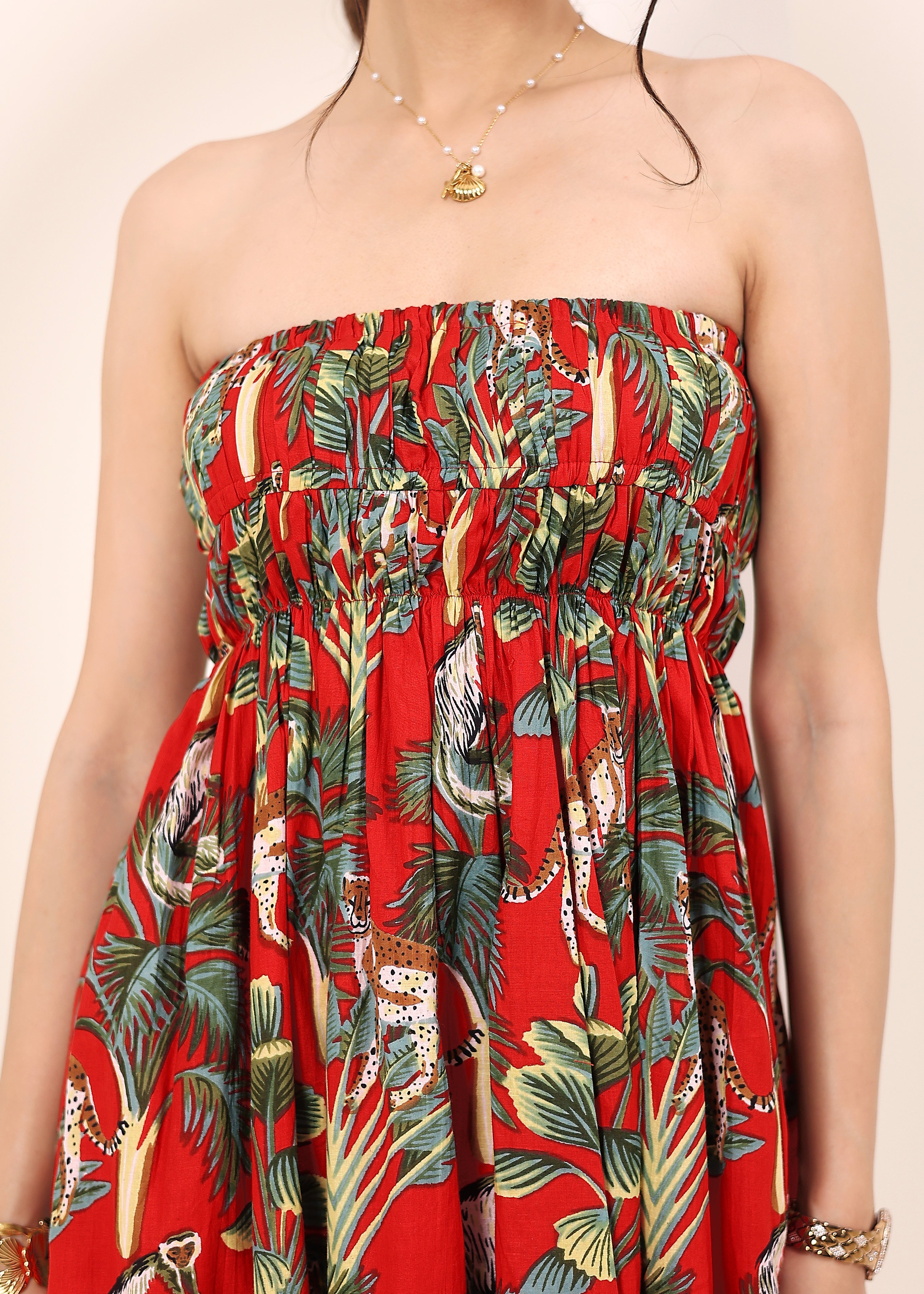 Red Tropical Printed Smocked Midi Dress with Pockets - Kaoribyshreya