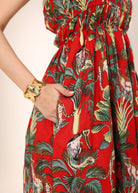 Red Tropical Printed Smocked Midi Dress with Pockets - Kaoribyshreya