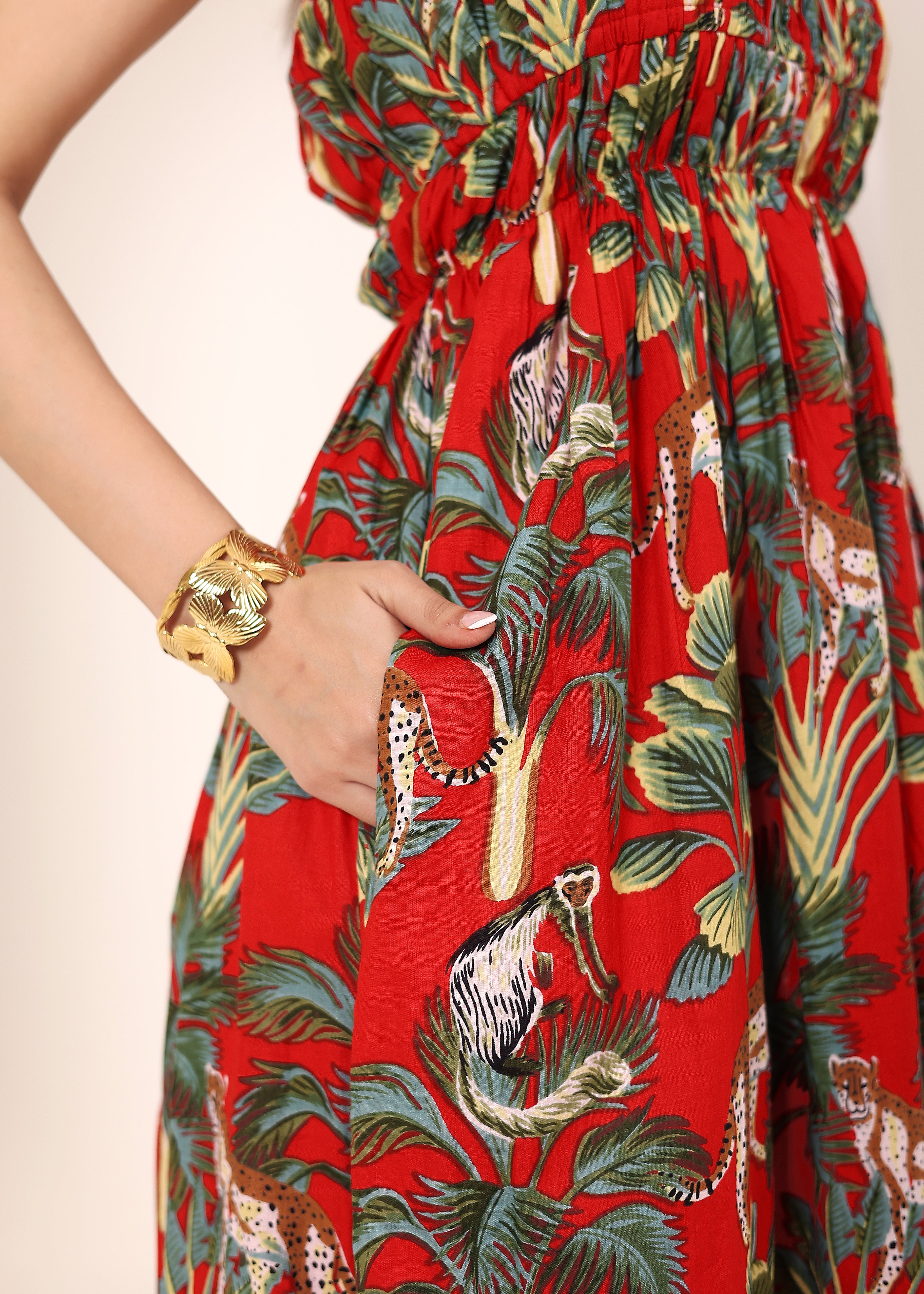 Red Tropical Printed Smocked Midi Dress with Pockets - Kaoribyshreya